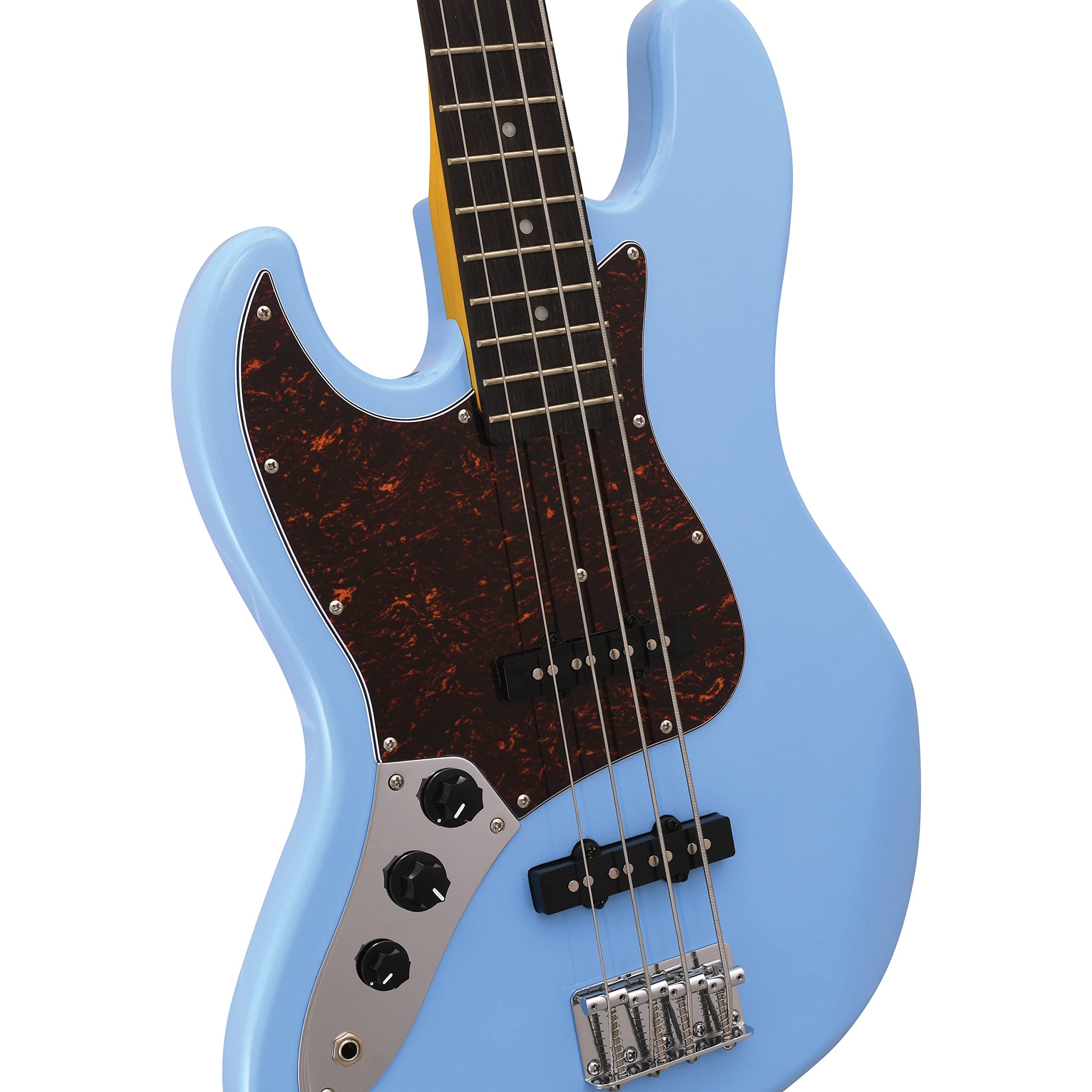 JB Electric Bass Guitar for Left-Handed Players - Daphne Blue Finish, Basswood Body, Maple Neck, 3-Ply Red Tortoise Pickguard & Rosewood Fingerboard - Perfect for Live Performances, Studio Recording & Rock Music Practice