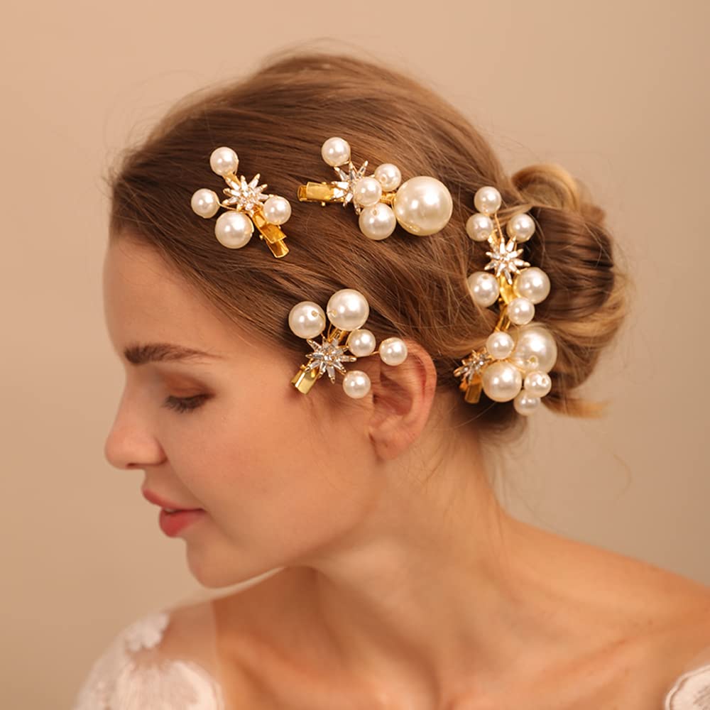 Jumwrit Pearl Hair Clips Set - 5PCS Wedding Rhinestone Crystal Bridal Hairpins, Handmade Flower Hair Accessories for Women & Girls (Gold) | Perfect for Brides, Bridesmaids, Prom, Parties & Special Occasions