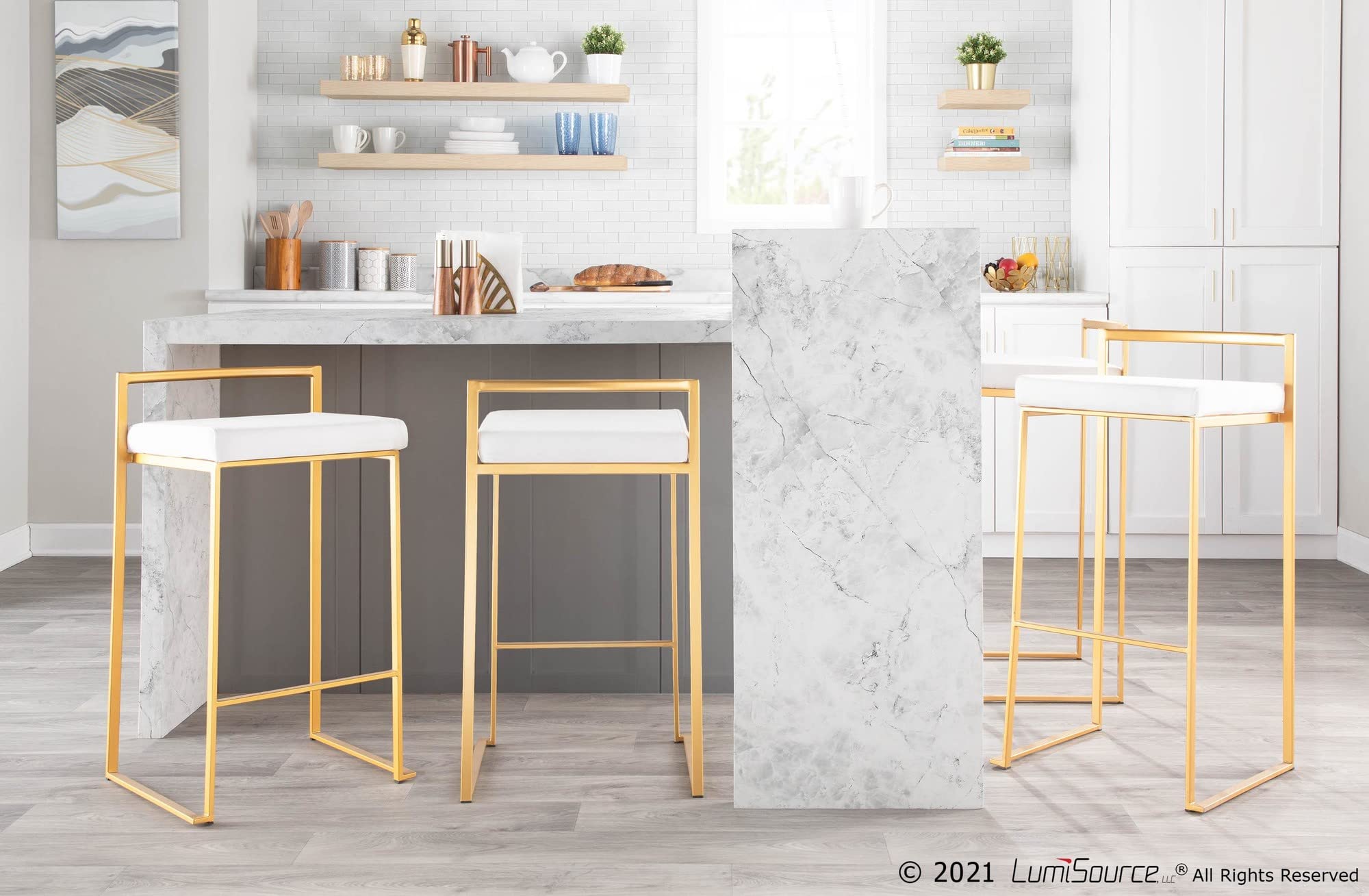 Fuji Stacker Bar Stool Set of 2 - Modern Adjustable Height Bar Chairs for Kitchen Island, Breakfast Nook & Home Bar - Durable Metal Frame & Comfortable Seat