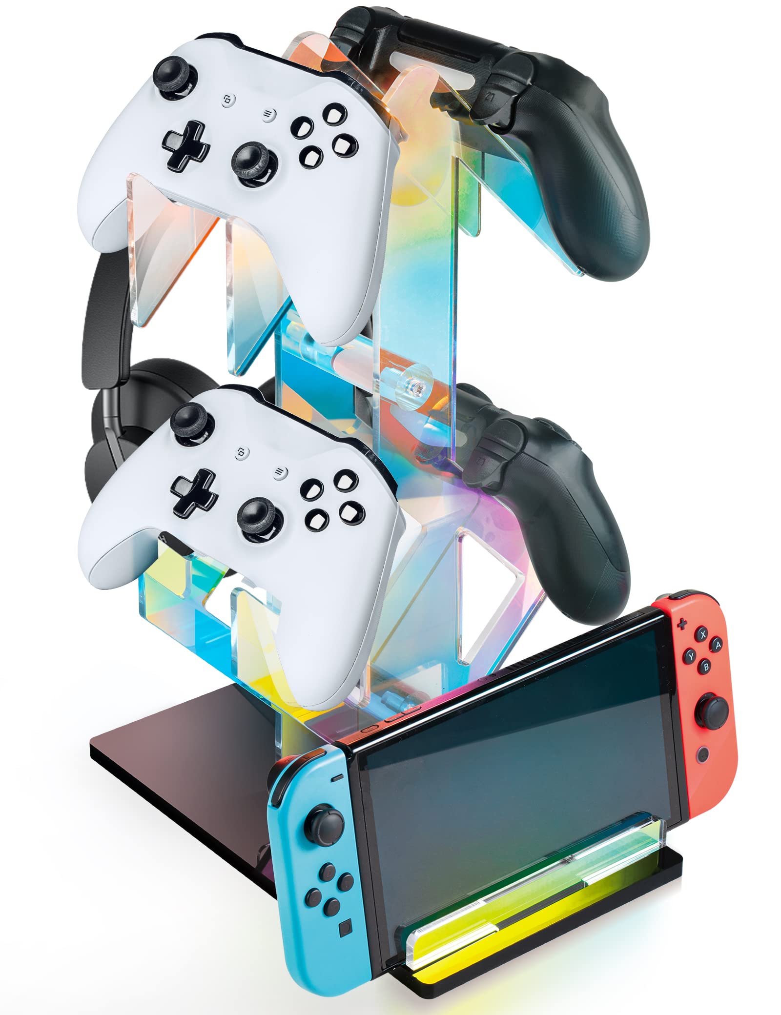 NiHome Iridescent Acrylic 2-Tier Universal Game Controller and Headset Holder Stand - Modern Storage Organizer for PS5, Xbox ONE, Nintendo Switch Controllers & Headphones - Anti-Slip Stable Gaming Accessory Rack - Perfect for Gaming Setup and Living Room Organization