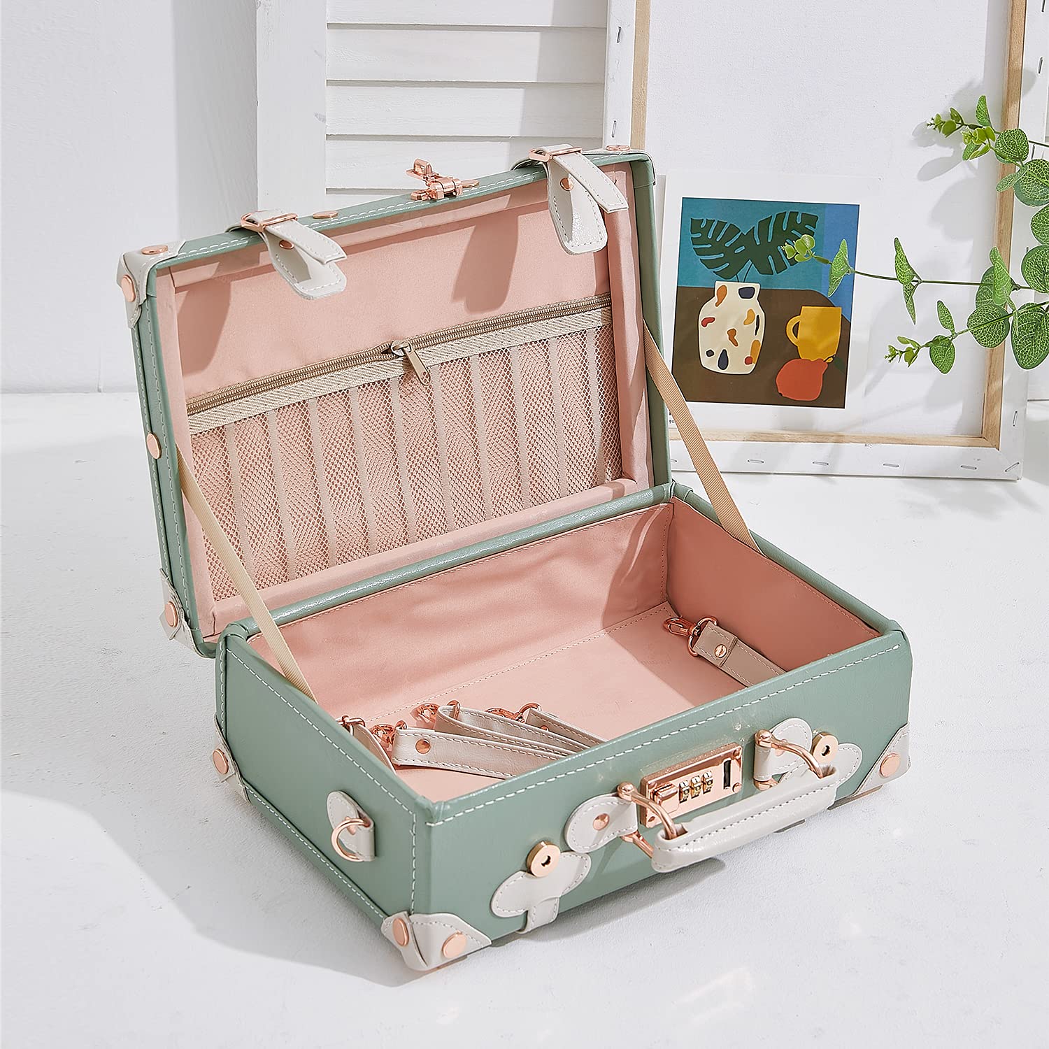 Vintage 2-Piece Suitcase Set with Cosmetic Train Case - 20in Carry-On & 12in Makeup Bag for Women in Mint Green | Perfect for Travel, Weekend Getaways & Airplane Carry-On Luggage