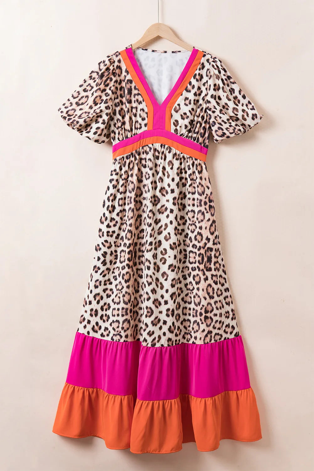 Leopard Print V-Neck Half Sleeve Maxi Dress for Women - Elegant Long Flowy Dress for Beach, Party & Summer Vacation