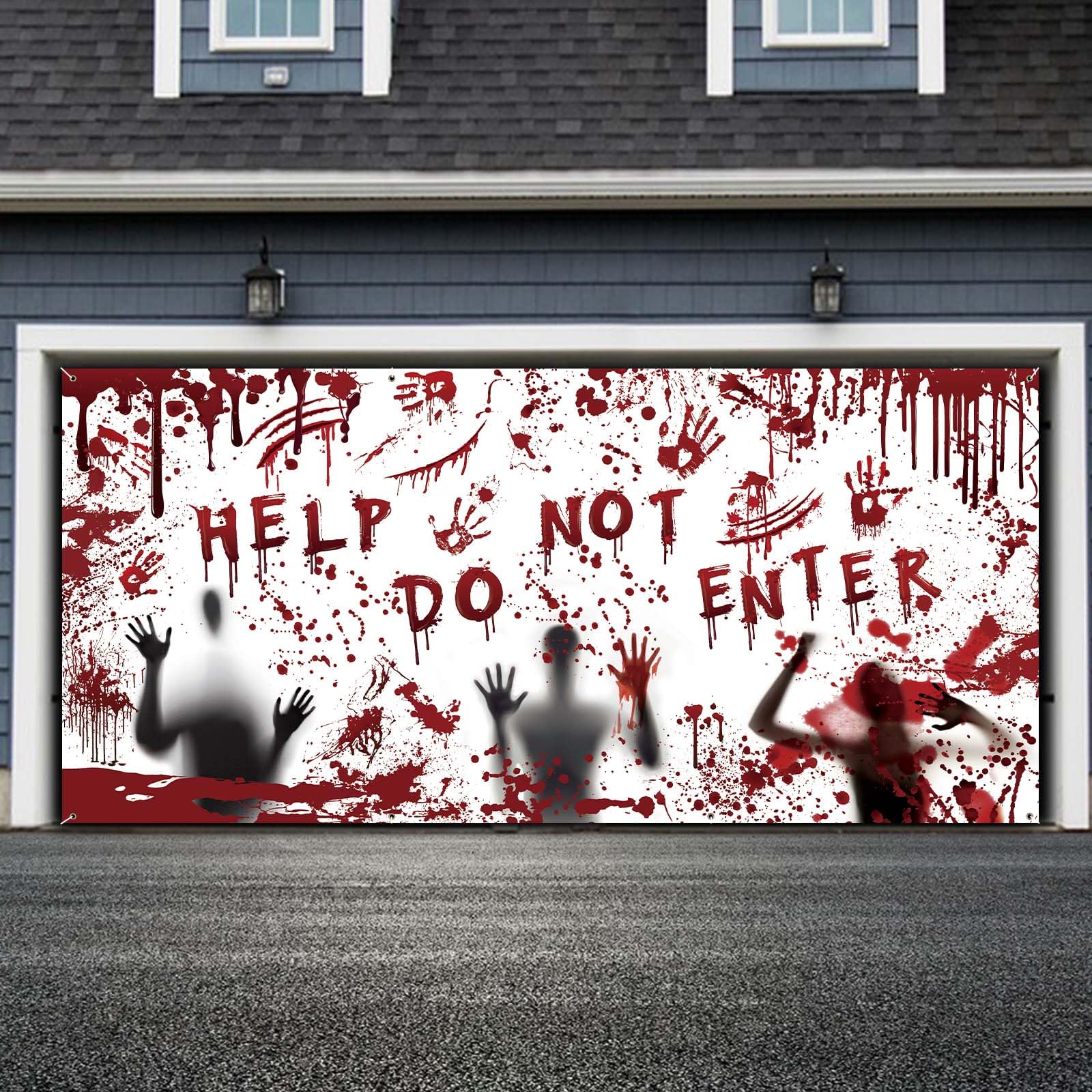 Spooky Halloween Garage Door Banner Decor - 6x13 ft Bloodied Handprints & Desperate Shadows Horror Decor with Grommets - Perfect for Halloween Party, Haunted House, and Outdoor Scary Decorations