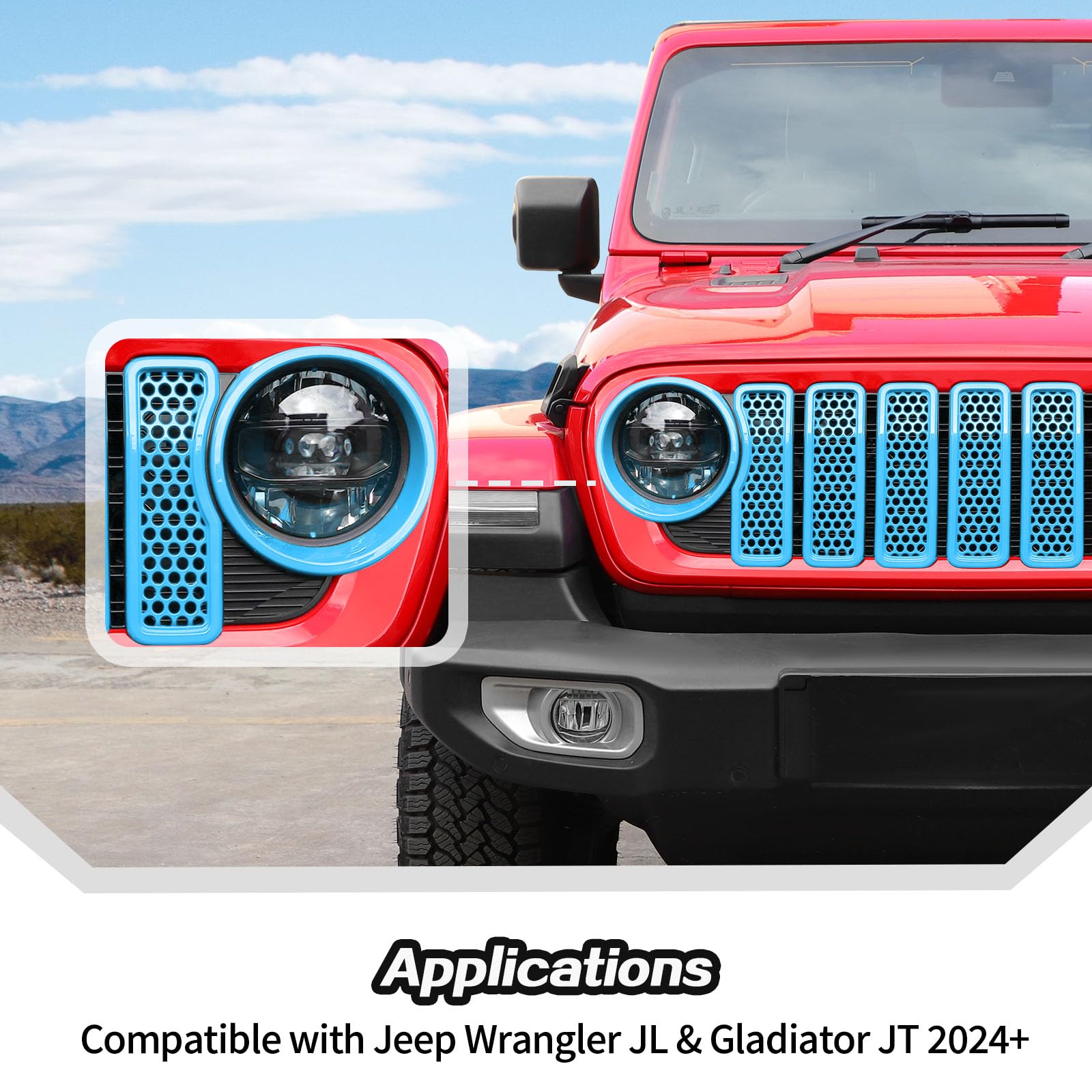 JeCar 2024+ Jeep Wrangler JL Mesh Grill Inserts & Headlight Covers - 9-Piece Light Blue Trim Accessories for Off-Road Protection & Style Upgrade