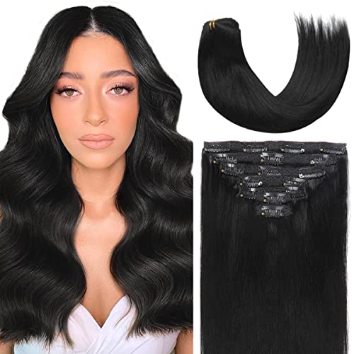 Caliee 20Inch Clip-in Human Hair Extensions - Jet Black Double Weft 7Pcs (140g) for Length & Volume | Perfect for Parties, Weddings & Daily Styling