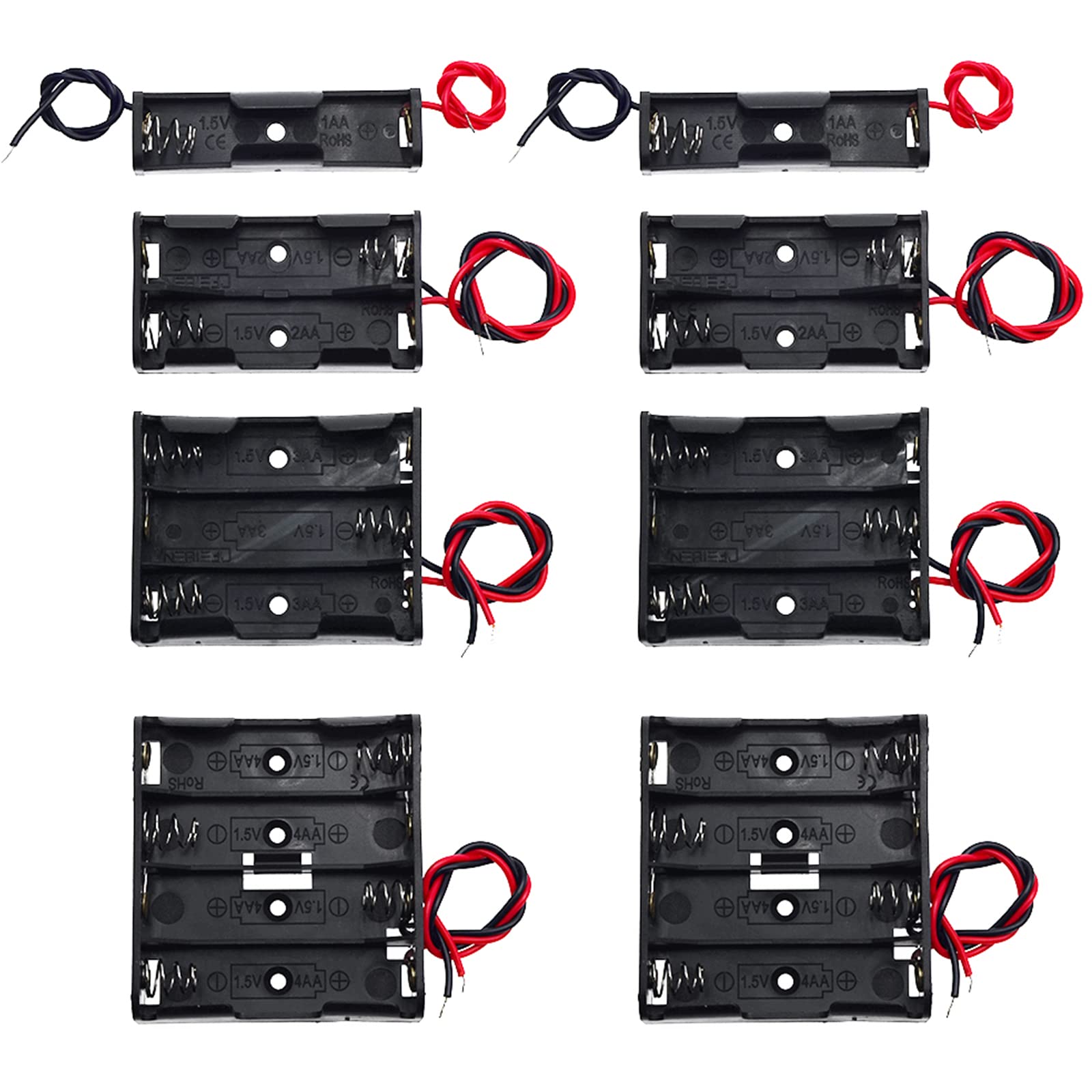 QTEATAK 8 Pack AA Battery Holders with Wires - 1.5V, 3V, 4.5V, 6V (1AA, 2AA, 3AA, 4AA) - Durable Plastic Battery Cases for DIY Electronics, Robotics, and Science Projects - Perfect for Circuit Boards, LED Lights, and School Experiments