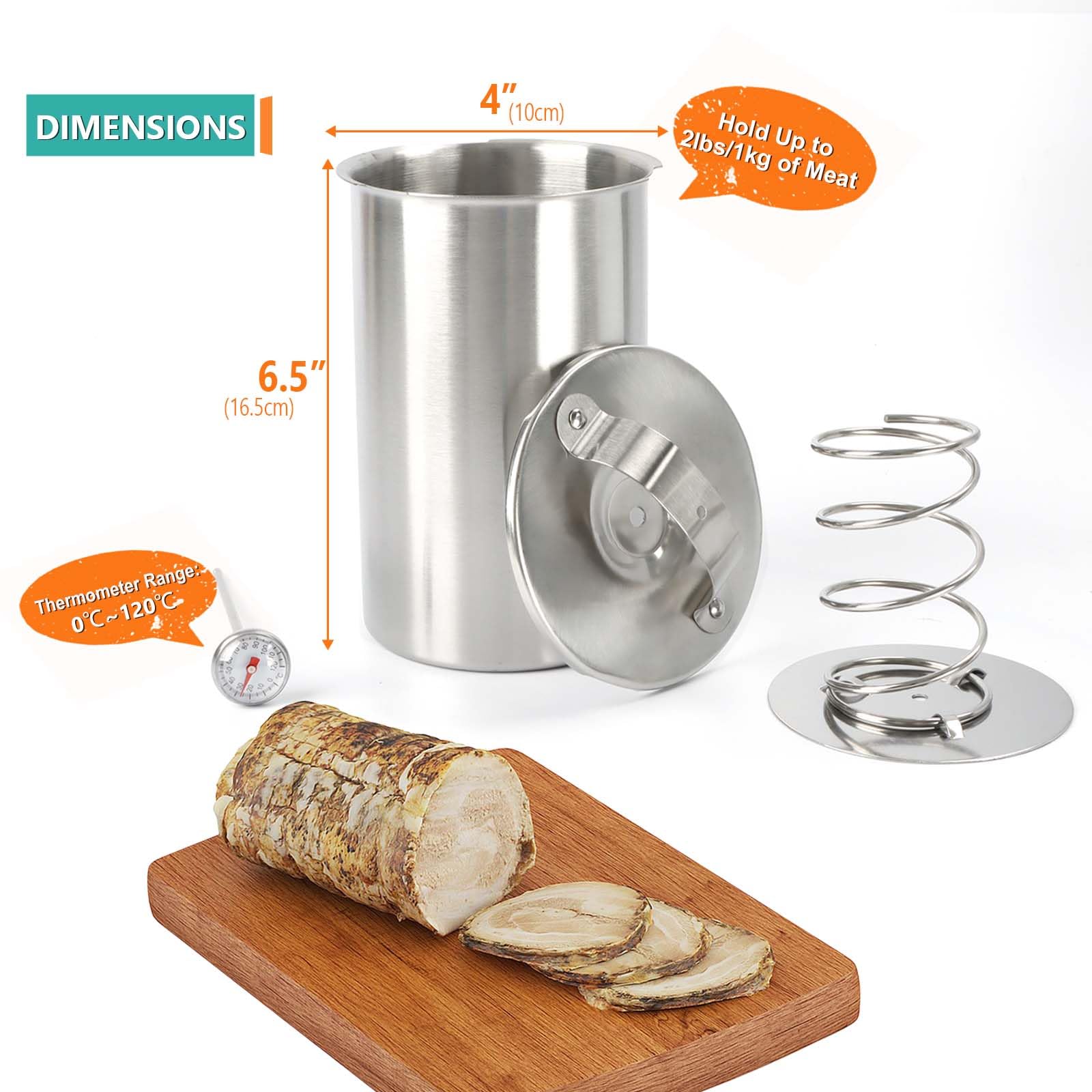 Stainless Steel Ham Press Maker with Thermometer - Deli Meat Press Mold for Homemade Lunch Meat, Sausage & Bacon - Perfect for Kitchen, BBQ, Camping & Meal Prep