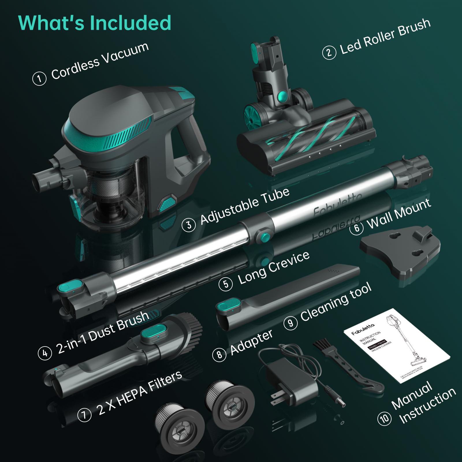 FABULETTA Cordless Vacuum Cleaner - 38KPa/380W Powerful Stick Vacuum with 55 Min Runtime, 3 Suction Modes, 6-in-1 Lightweight Design for Home, Pet Hair, Carpet & Hardwood Floors (Lake Blue) - Perfect for Quick Cleanups, Pet Owners & Multi-Surface Cleaning