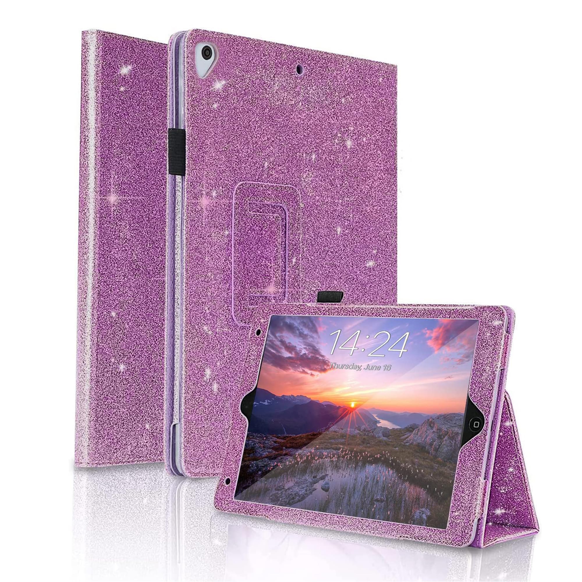 FS FANSONG Glitter iPad Case for iPad 9.7 (6th/5th Gen), iPad Air 1/2 & iPad Pro 2016-2018 - Slim PU Leather Cover with Auto Sleep/Wake - Shiny Protective Case for Women - Perfect for Work, School & Travel