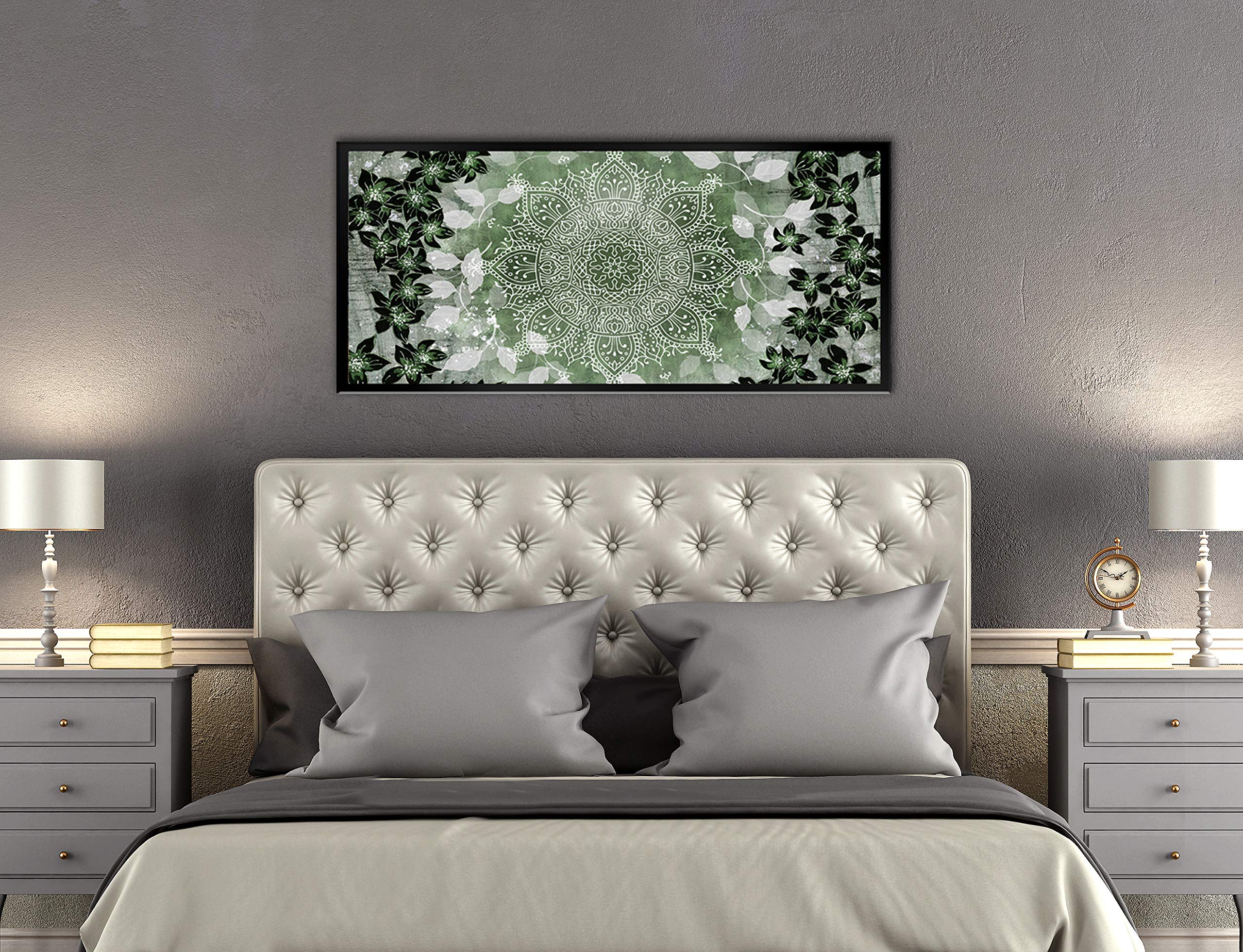 Boho Floral Mandala Wall Art - Large Canvas Wall Decor for Bedroom, Living Room | Modern Bohemian Floral Pattern Poster with Floating Frame (Green & Black, 42x19 Inches) | Perfect for Home, Office & Meditation Space Decor