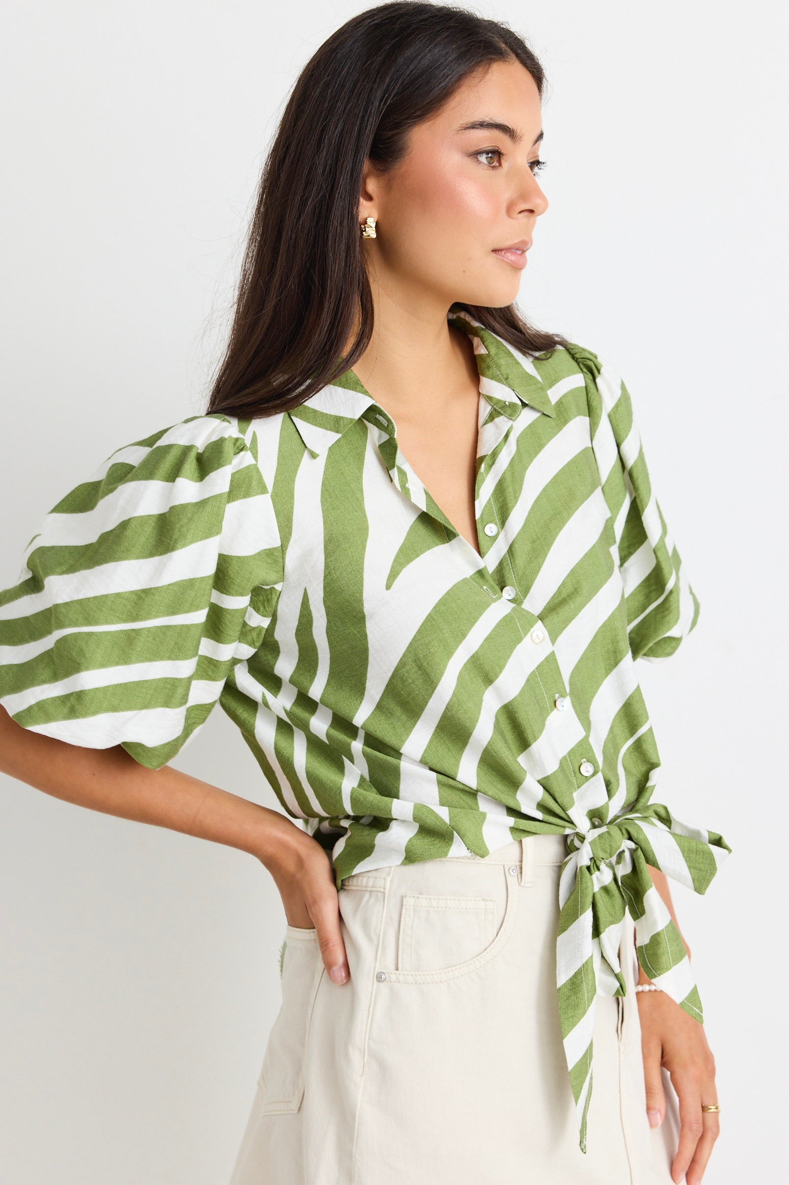 Stylish Green Zebra Print Tie Front Short Sleeve Shirt for Women - Perfect for Summer Outfits, Casual Wear & Office Fashion