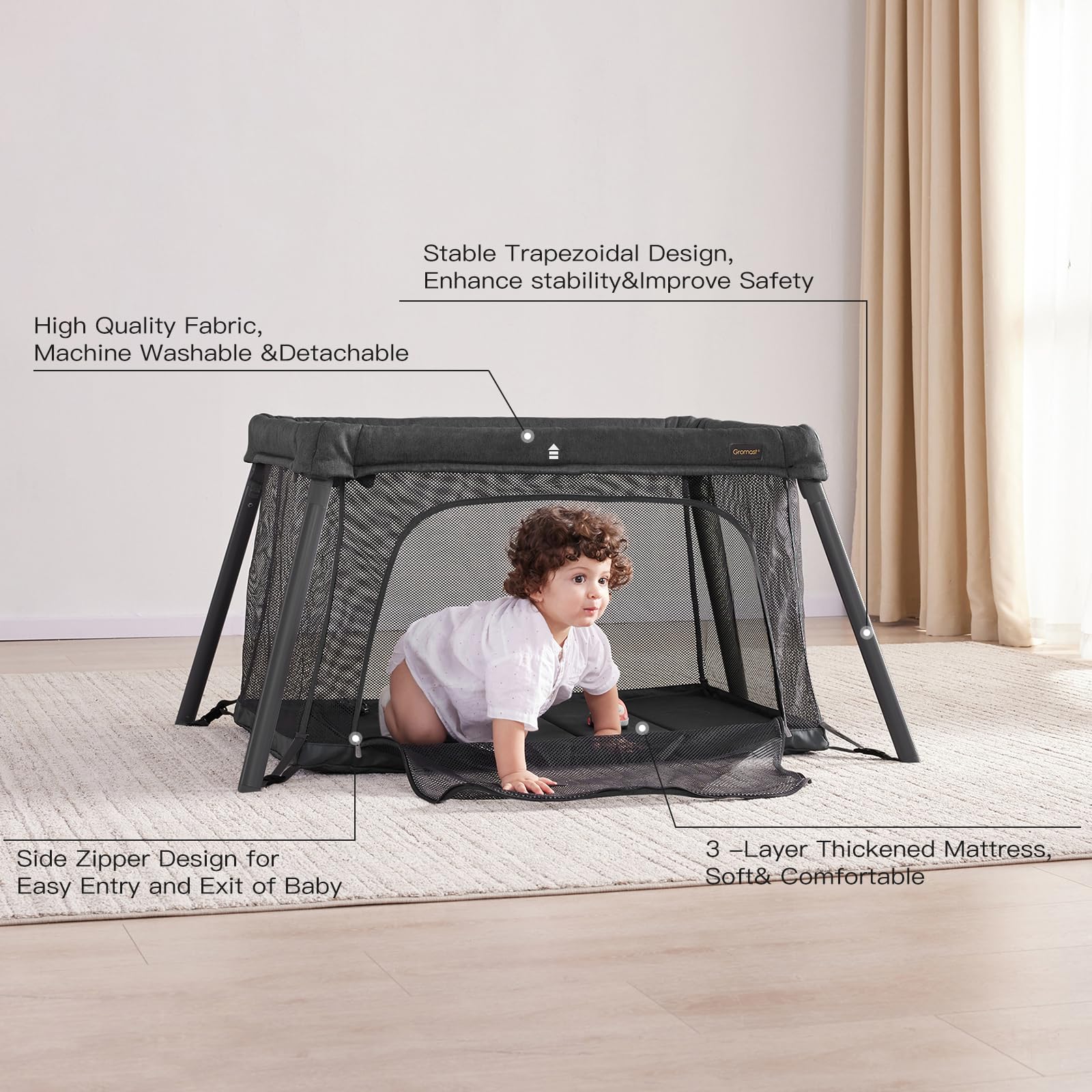 2 in 1 Portable Travel Crib for Toddlers & Babies - Lightweight Foldable Playpen with Soft Mattress | Indoor & Outdoor Baby Travel Bed for Camping, Hotels & Home Use (Black)