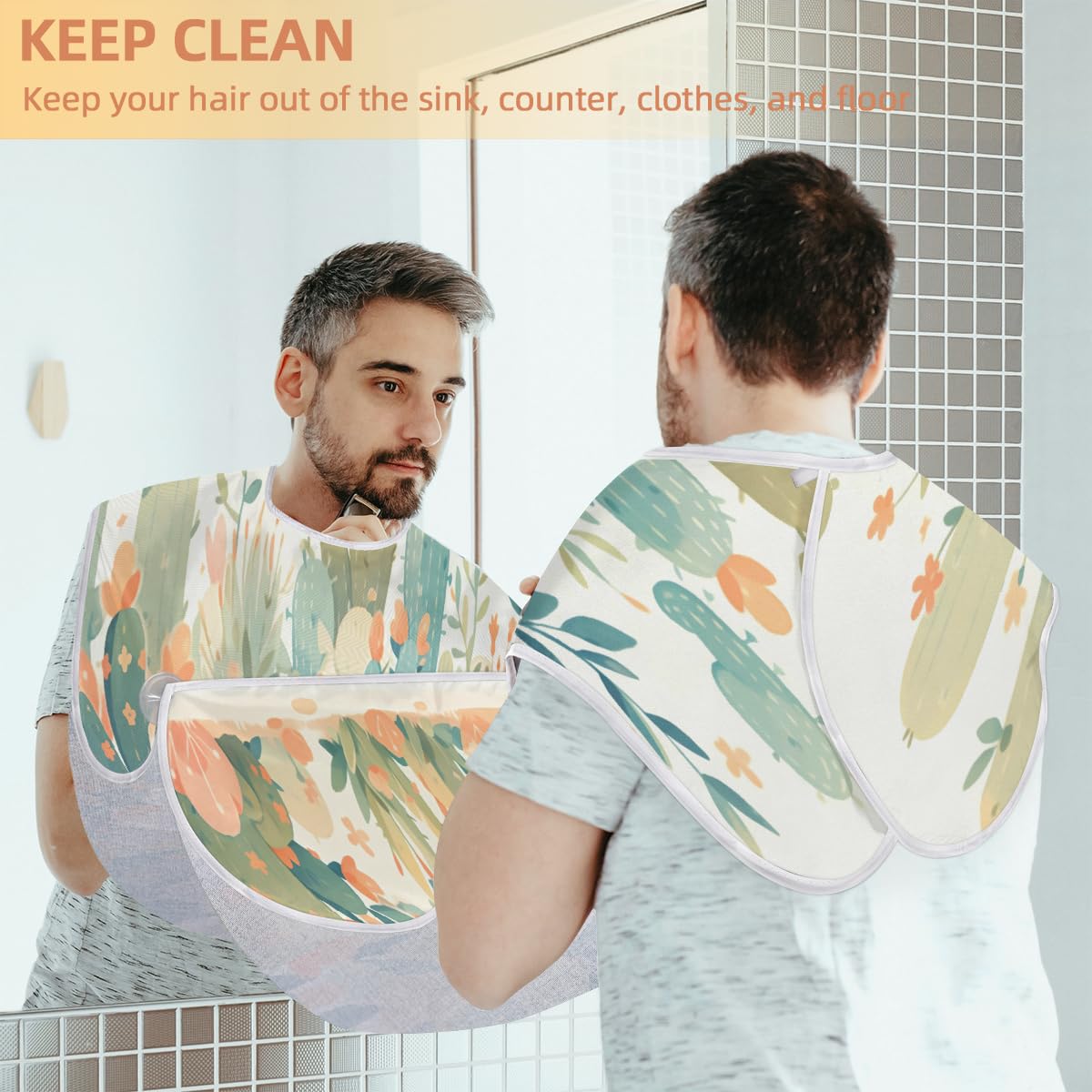 **Waterproof Beard Shaving Bib for Men - Cactus Pattern Hair Dye Apron, Makeup & Barber Cape - Sink Hair Catcher for Trimming, Lineup & Grooming - Perfect Gift for Barbers & Stylists (Home & Salon Use)**