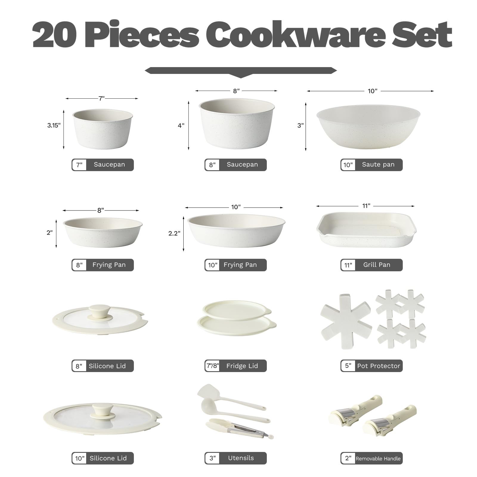 20-Piece Non-Stick Pots and Pans Set with Detachable Handles - Stackable Granite Cookware for Induction, RV & Kitchen - Dishwasher & Oven Safe Cream White - Perfect for Camping, Small Spaces & Everyday Cooking