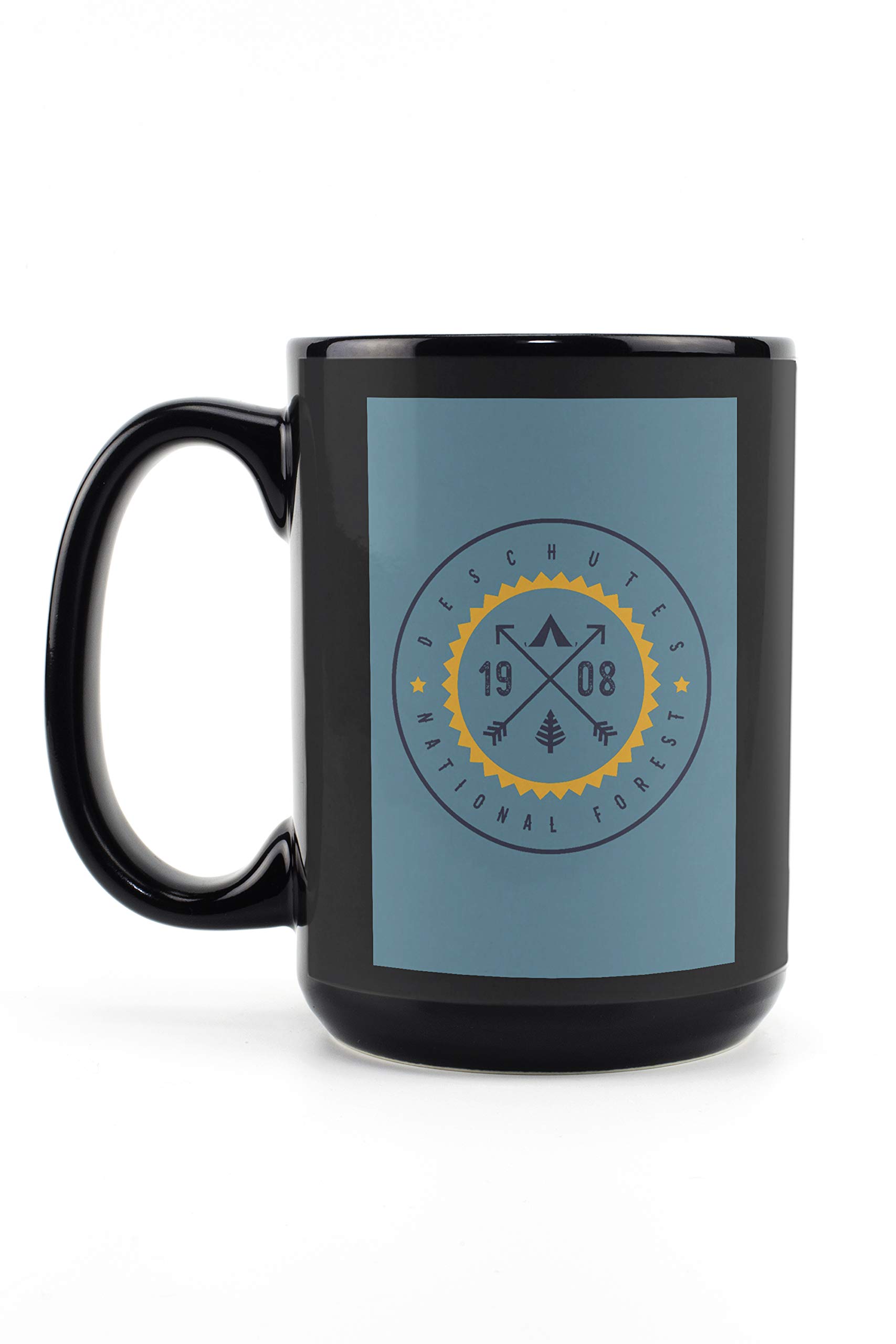 15oz Black Ceramic Coffee Mug with Deschutes National Forest Oregon Tent Tree Design - Dishwasher & Microwave Safe - Perfect for Camping, Hiking & Outdoor Adventures