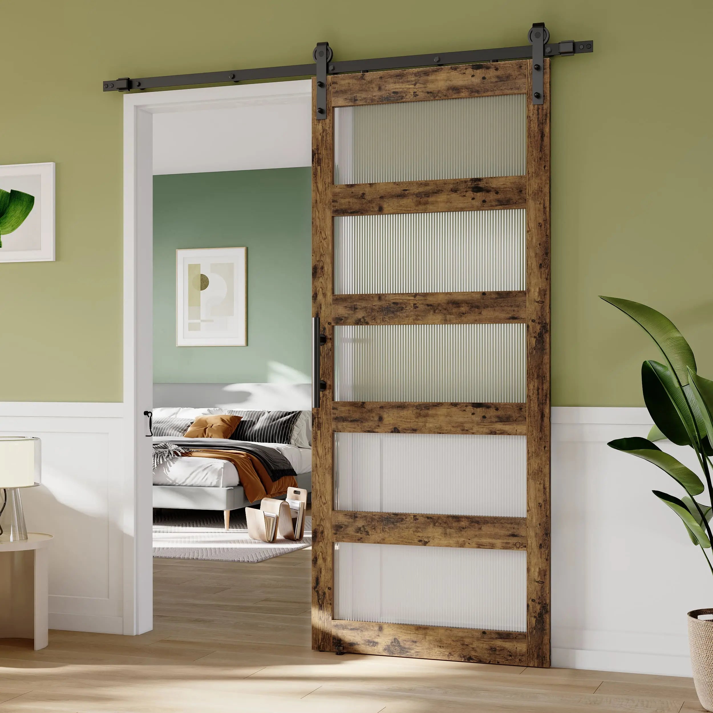 Bestier 36Inch x 84Inch Fluted Glass Barn Door - Modern Sliding Barn Door for Bedroom, Closet, or Bathroom - Frosted Glass Privacy with Smooth Gliding Hardware