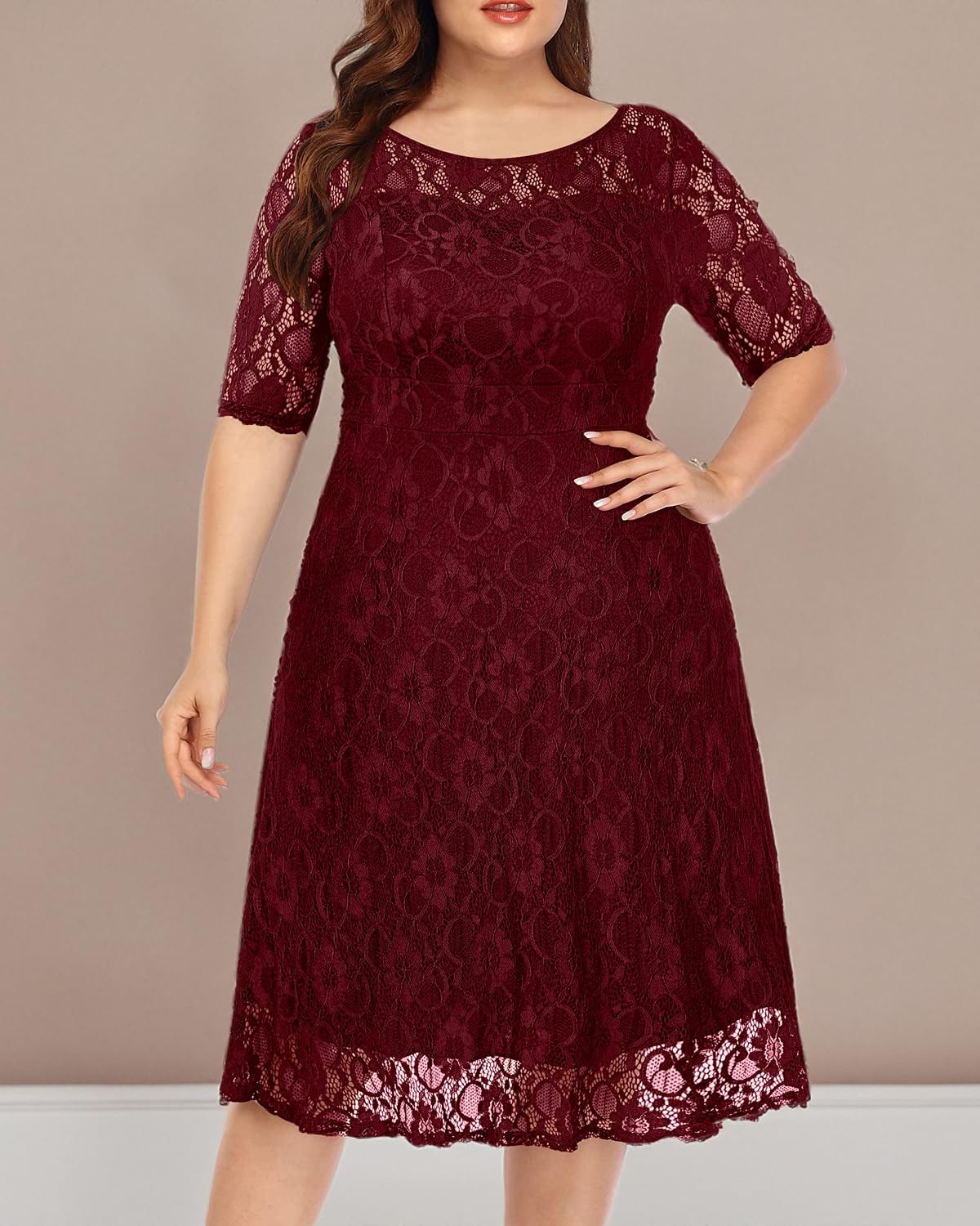 Elegant Plus Size Women's Lace V-Neck Midi Dress for Wedding Guest, Bridal Shower & Cocktail Party | Semi-Formal Occasion Wear | Perfect for Evening Events & Special Celebrations