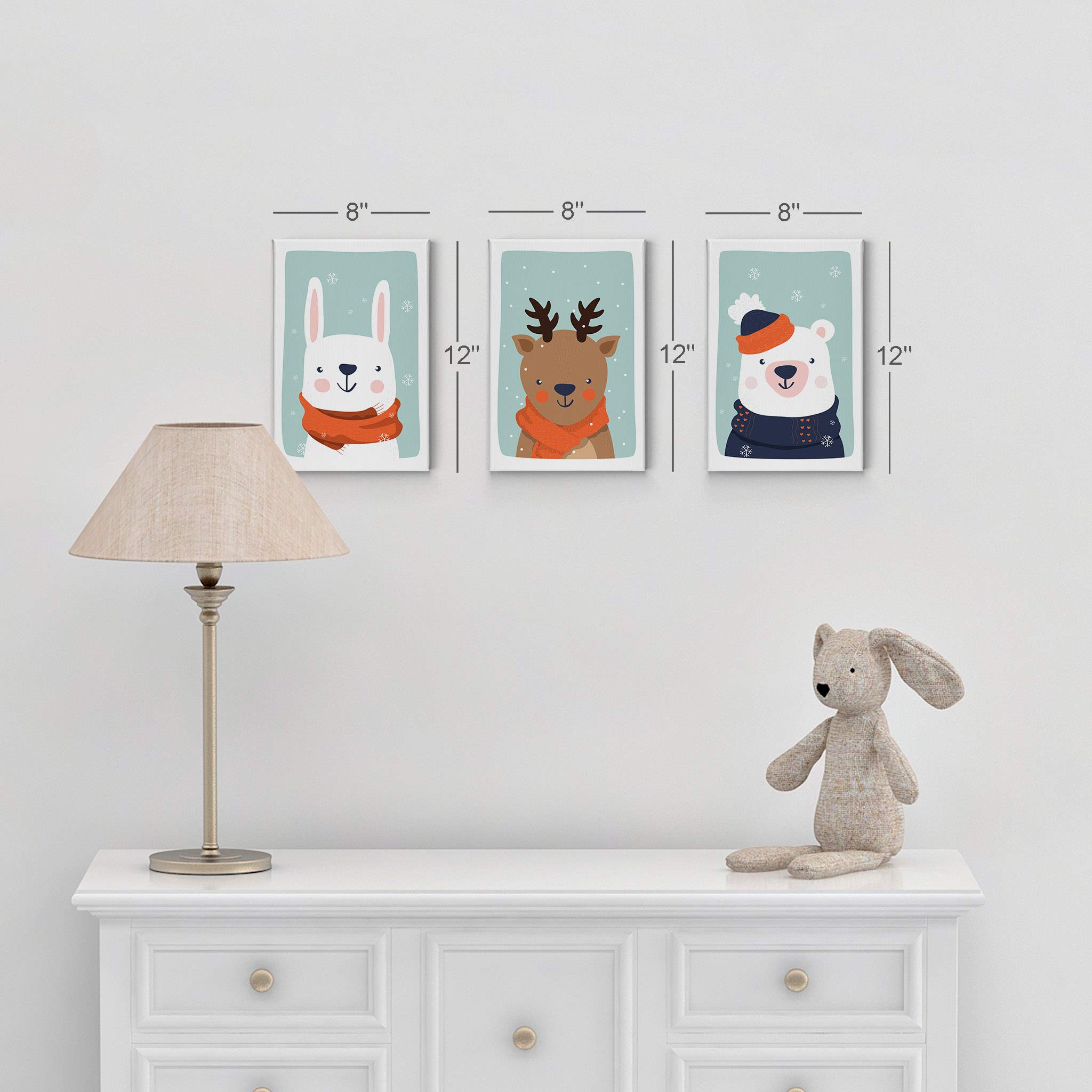 Cute Rabbit Deer Bear Winter Theme 3-Piece Canvas Wall Art Set for Kids Room Decor - Turquoise Background, Rolled Canvas Prints (40x30 inches x3) - Made in USA | Nursery, Bedroom & Playroom Wall Decor