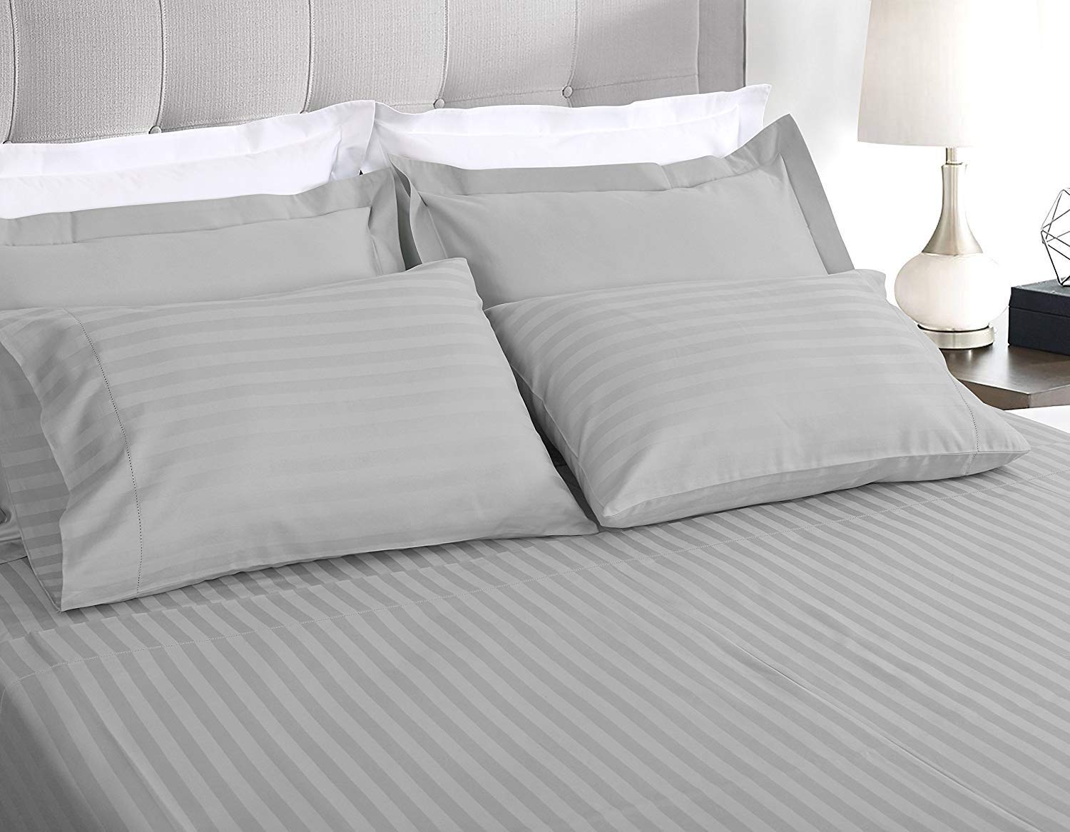 Luxury 1800 Thread Count Egyptian Cotton Queen Sheet Set - 6 Piece (1 Fitted Sheet, 1 Flat Sheet, 4 Pillowcases) for 10-12 Inch Deep Pocket Mattress (60x80) - Premium Soft Bedding in Stripe Silver Grey | Perfect for Master Bedroom, Guest Room & Hotel Use