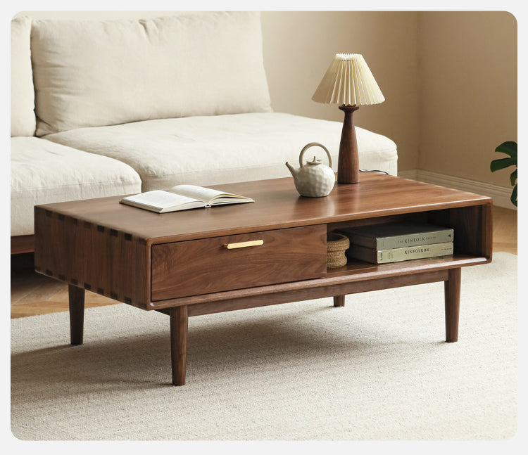 Solid Black Walnut Wood Storage Coffee Table with Rock Plate - Rustic Living Room Furniture for Home Decor & Organization