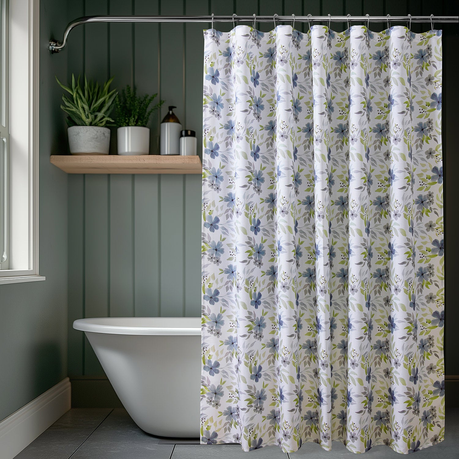 Blossoms Blue Floral Printed Shower Curtain - Waterproof Bathroom Decor for Modern & Vintage Style Homes