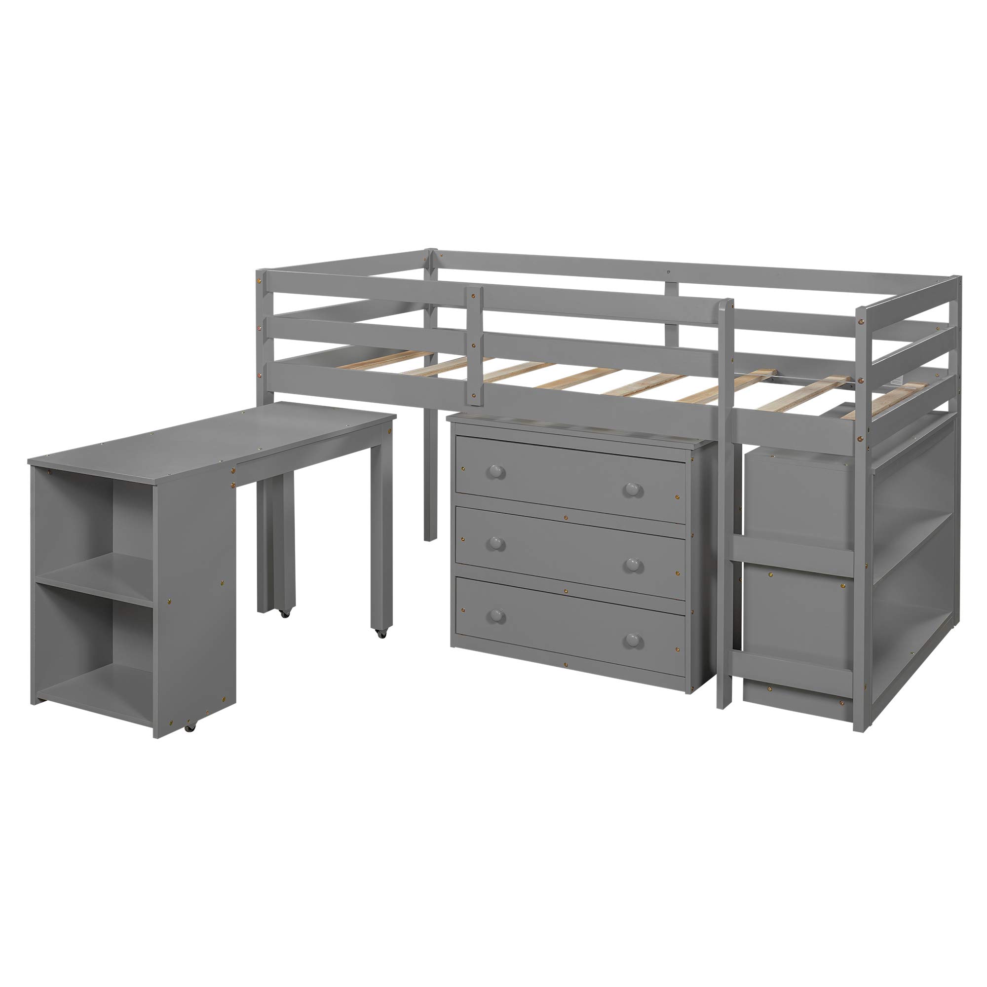 Danxee Loft Storage Bed with Spacious Shelves & Rolling Desk - Space Saving Bed Frame with Cabinet Storage, Multiple Finishes (Gray) - Perfect for Small Apartments, Dorms & Kids Rooms