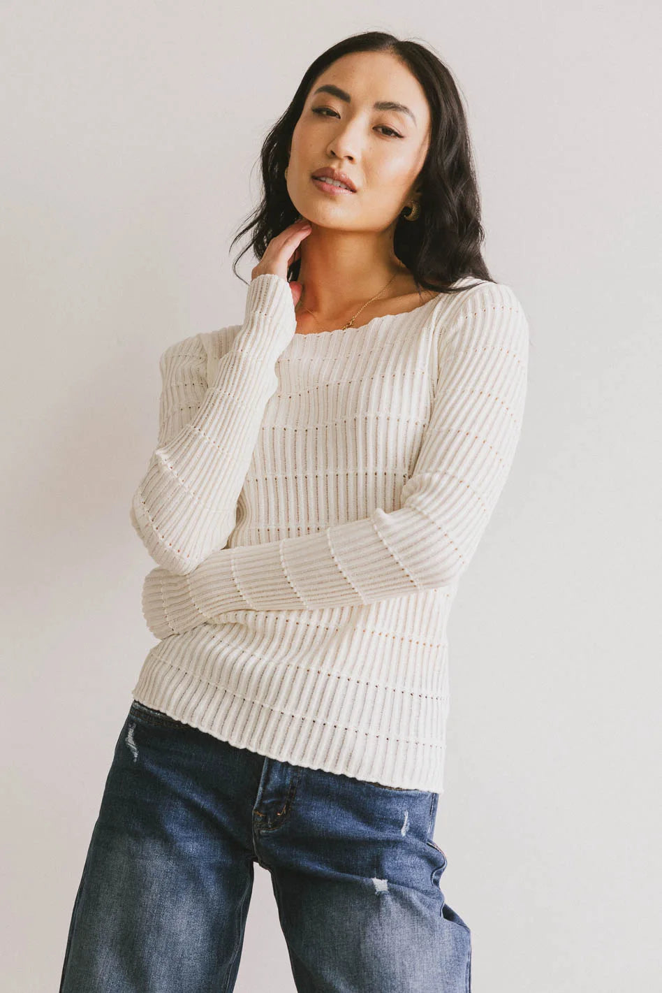 Gemma Sheer Ribbed Top - Women's White Stretch Knit Blouse for Casual Wear & Layering | FINAL SALE