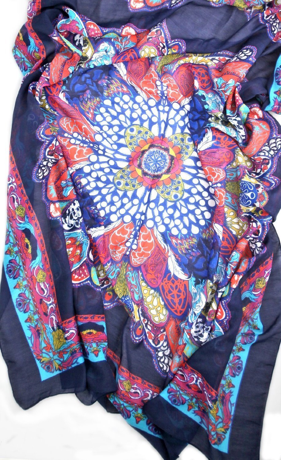 Women's Colorful Blossom Print Scarf - Navy Blue Multicolor Shawl for Spring Fashion & Casual Outfits