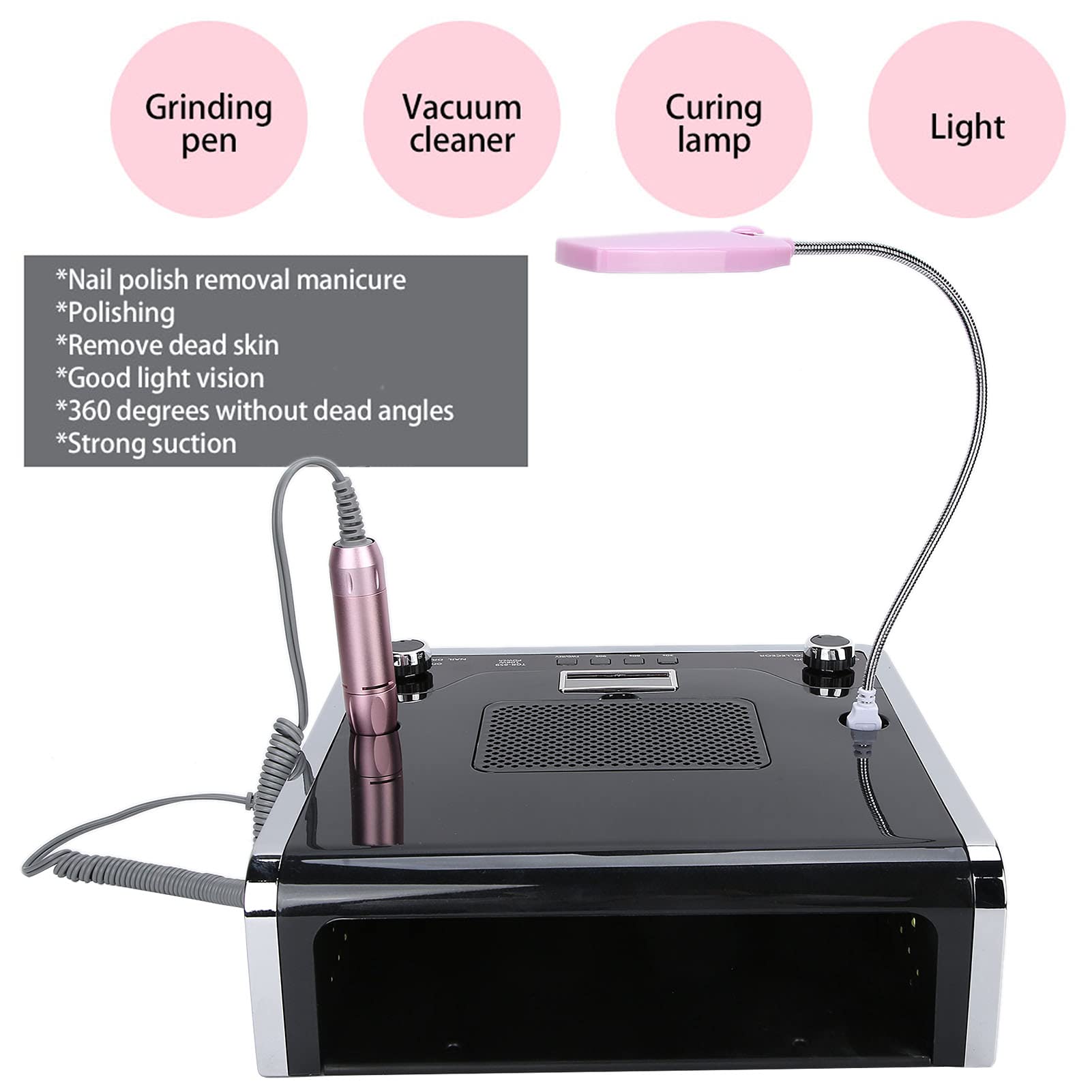 Professional 4-in-1 Electric Nail Drill Kit with LED Nail Lamp & Dust Collector - 30000 RPM Nail Grinding Machine for Acrylic & Gel Nails - Perfect for Salon & Home Manicure/Pedicure (Black)