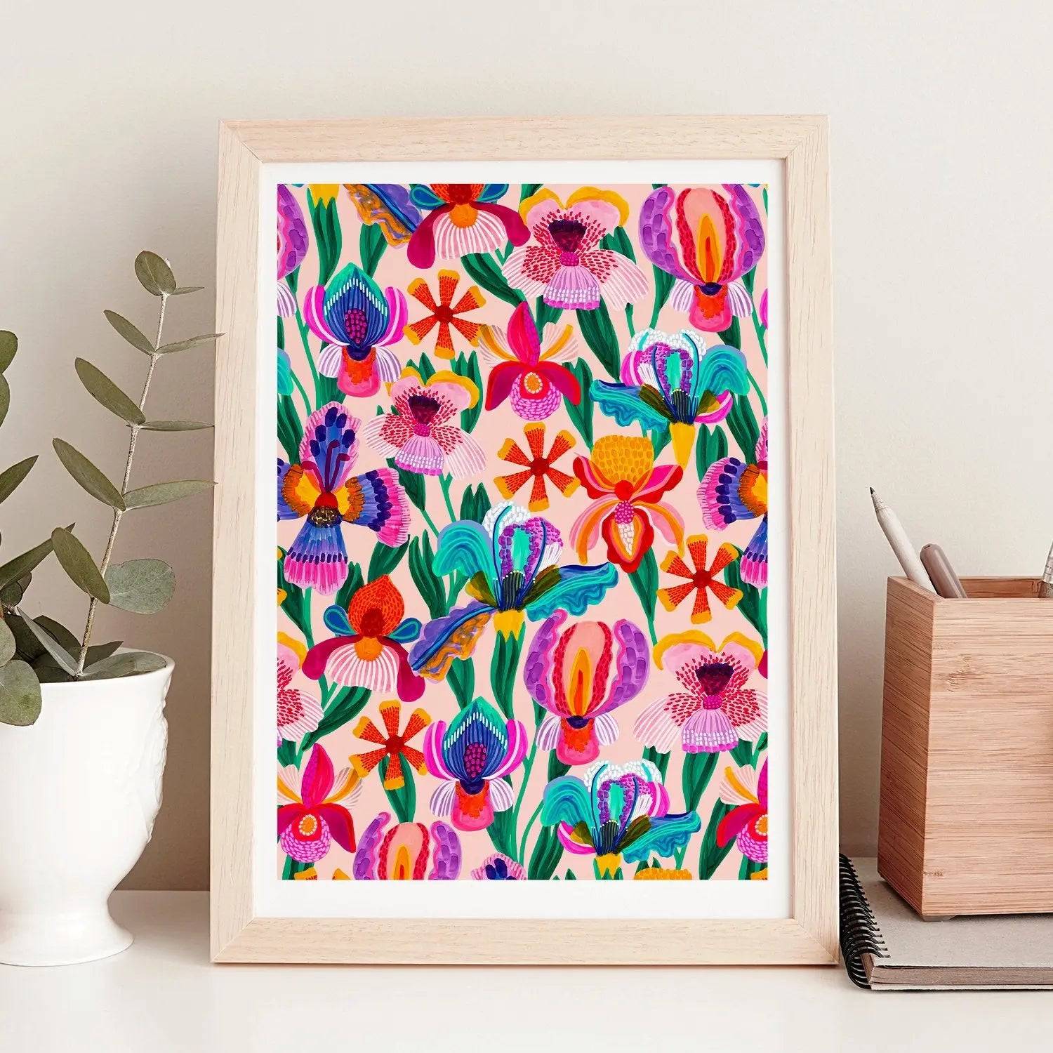 Beautiful Irises & Orchids Wall Art Print - Floral Canvas Painting for Home & Office Decor - Perfect for Living Room, Bedroom, or Gift