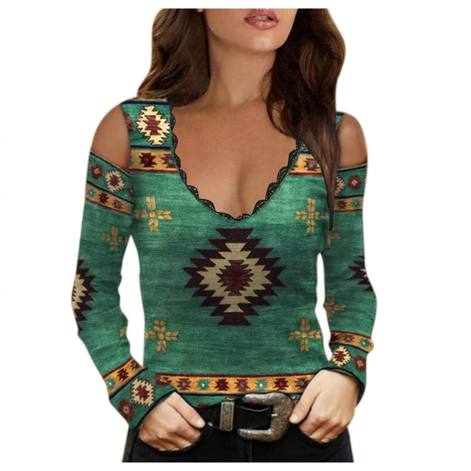 Women's Long Sleeve Blouse - Fitted Casual Printed Cold Shoulder Top, Slim Fit Tee Shirt for Work, Date Night & Everyday Wear