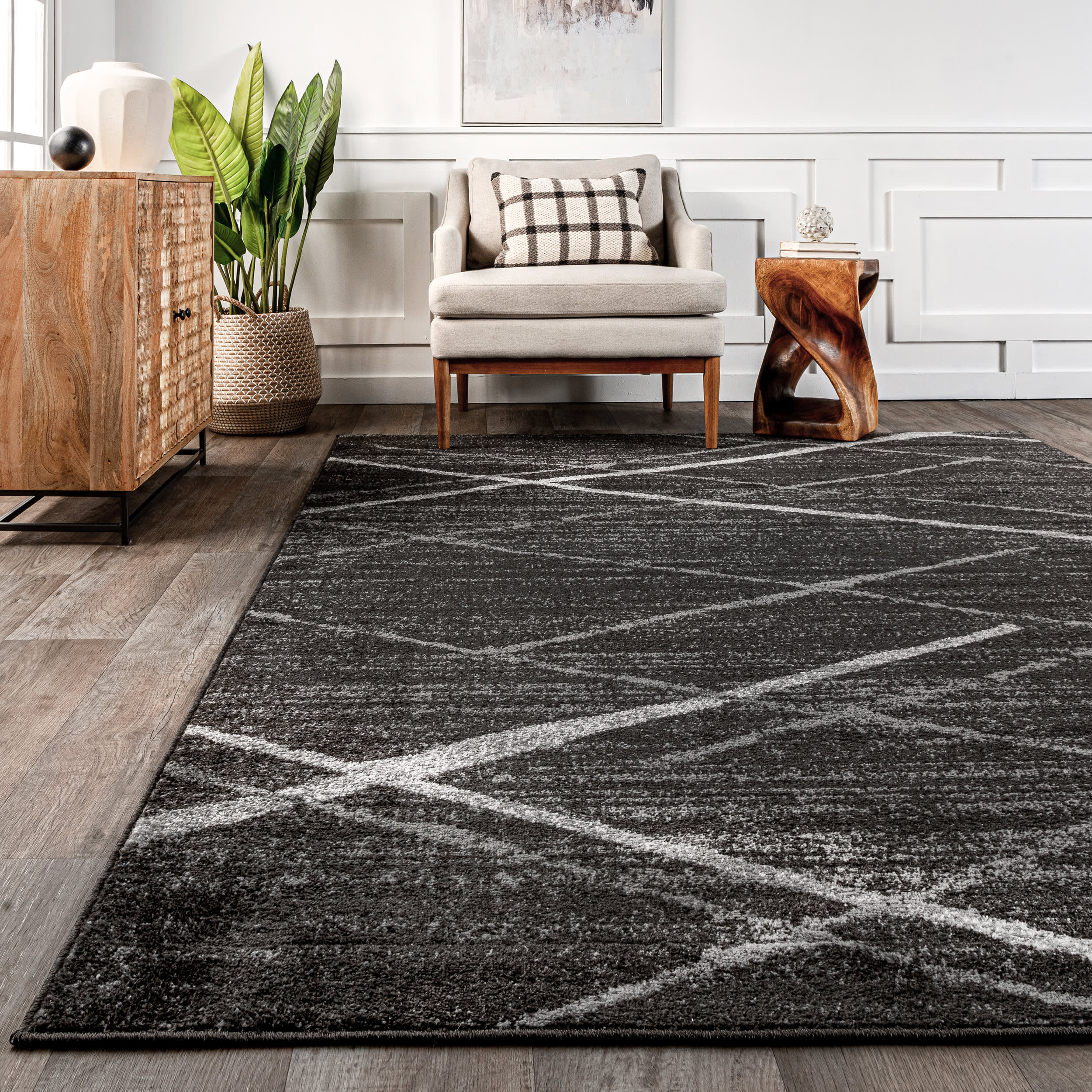 Handwoven Broken Lattice Pattern Area Rug - Charcoal Gray | Boho Chic Home Decor for Living Room, Bedroom & Office