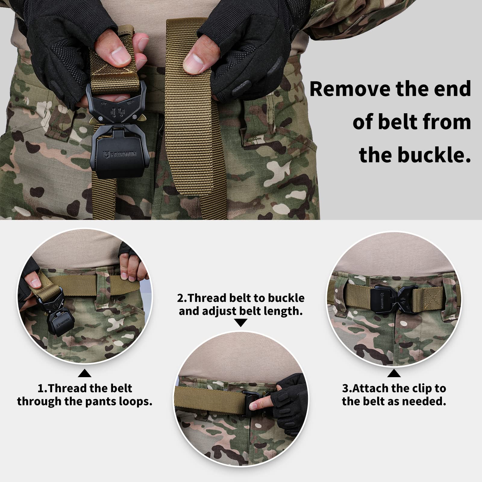 FAIRWIN Tactical Military Belt - Heavy Duty Quick Release Metal Buckle Webbing Riggers Gun Belt for Outdoor, Hiking, Airsoft & Survival Gear | Durable Nylon Web Belt for Men