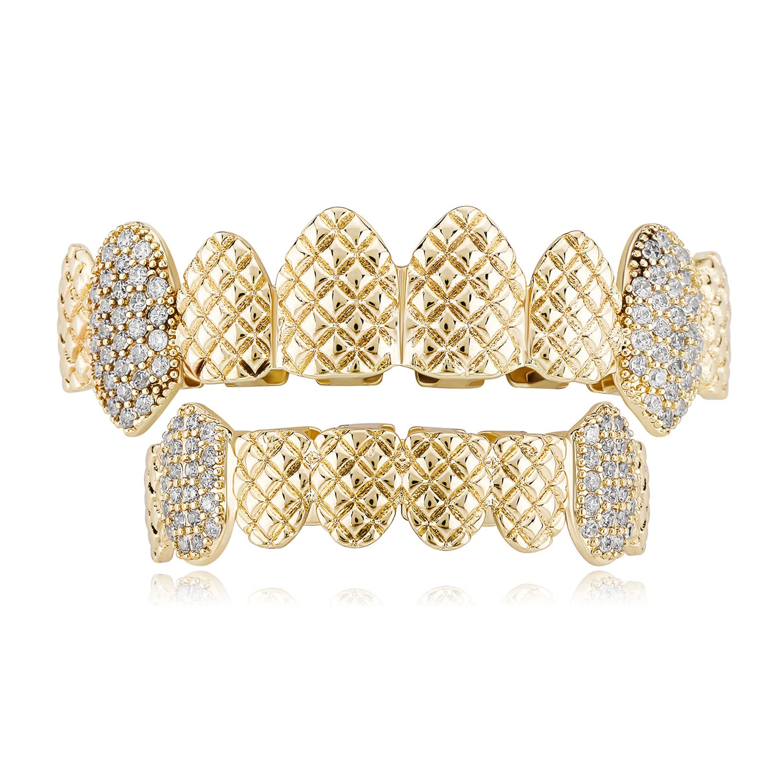 ICEDIAMOND Gold Plated Hip Hop Grillz with Diamond Teeth - Trendy Embossed Fang Design for Men & Women | Perfect for Parties, Concerts & Hip Hop Fashion