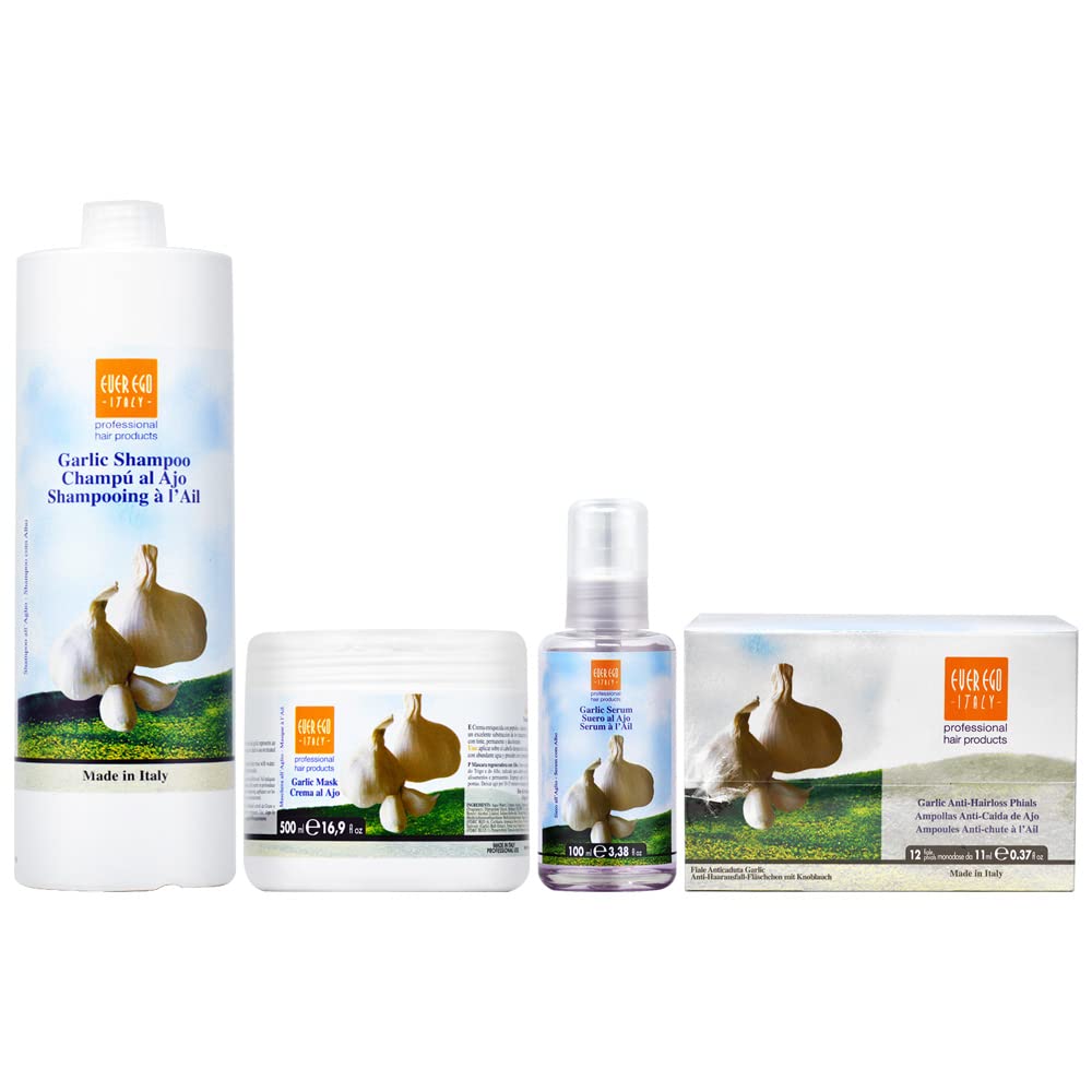 Ever Ego Garlic Combo Set - Hair Growth Shampoo (33.8oz) + Deep Conditioner Mask (16.9oz) + Nourishing Serum (3.38oz) + Anti Hair Loss Treatment (12x11ml) - Sulfate Free for Damaged Hair Repair & Scalp Care - Perfect for Thinning Hair & Hair Regrowth Routine
