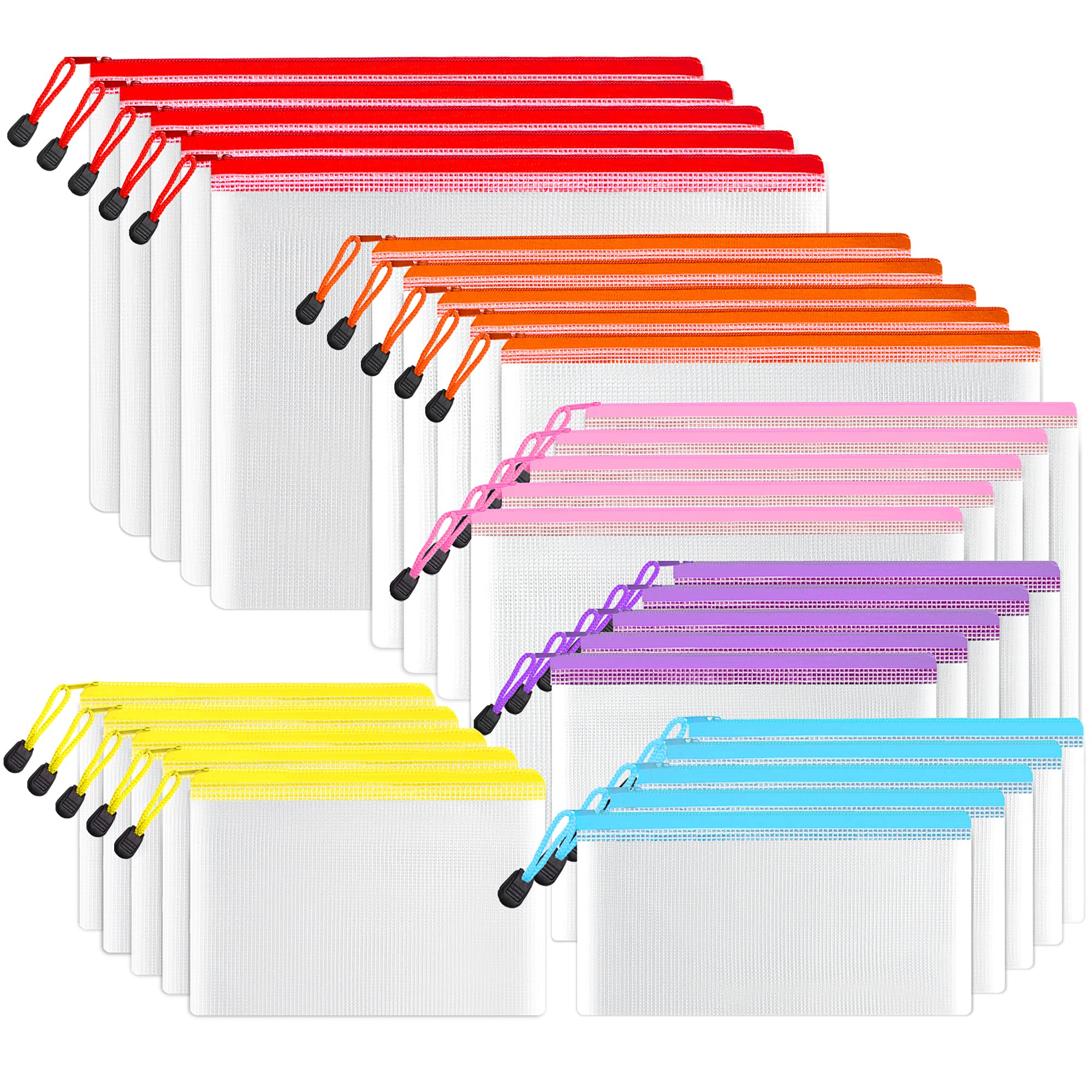 SUNEE Mesh Zipper Pouch 30-Pack (6 Colors) - Waterproof Organizer for School, Office & Travel