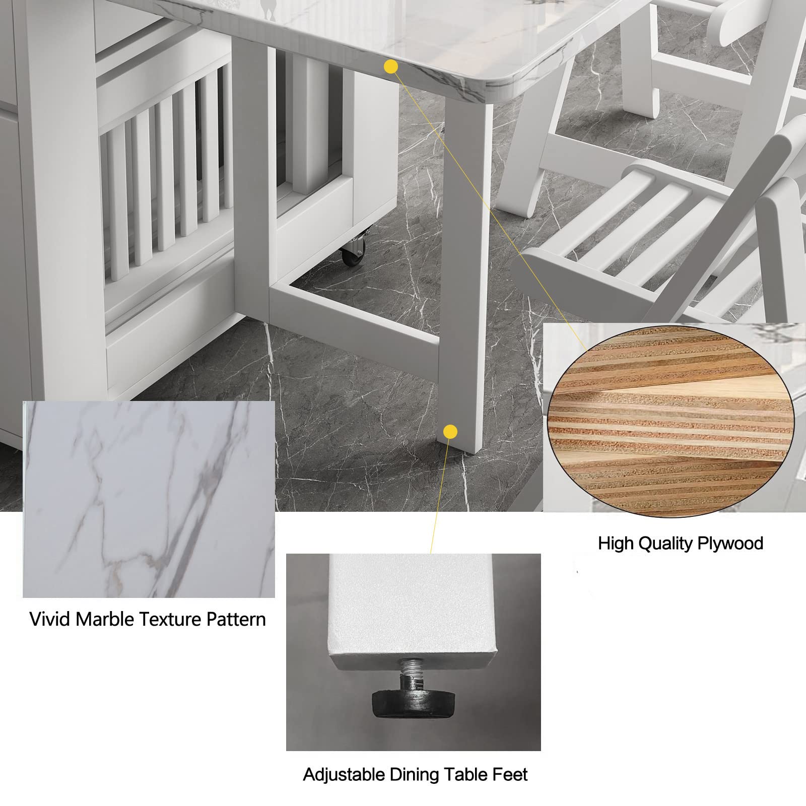 FUNROLUX White Folding Dining Table with Rack & 2 Storage Drawers - Extendable Space Saving Kitchen Table with 3 Adjustable Forms | Perfect for Small Apartments, Studio Kitchens & Compact Living Spaces