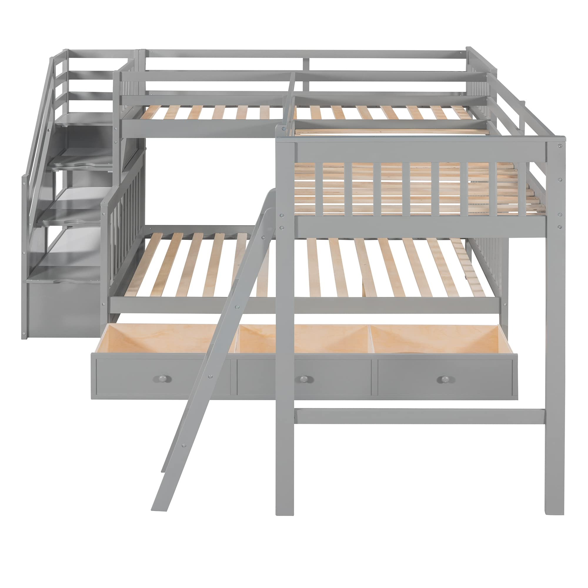 Modern L-Shaped Solid Wood Triple Bed with Storage Staircase - Twin over Full Bunk Bed with 3 Drawers, Loft Bed Frame with Ladder & Safety Guardrail for Adults, Teens & Kids - Space-Saving Solution for Small Bedrooms, Guest Rooms & Dorm Rooms (Grey)