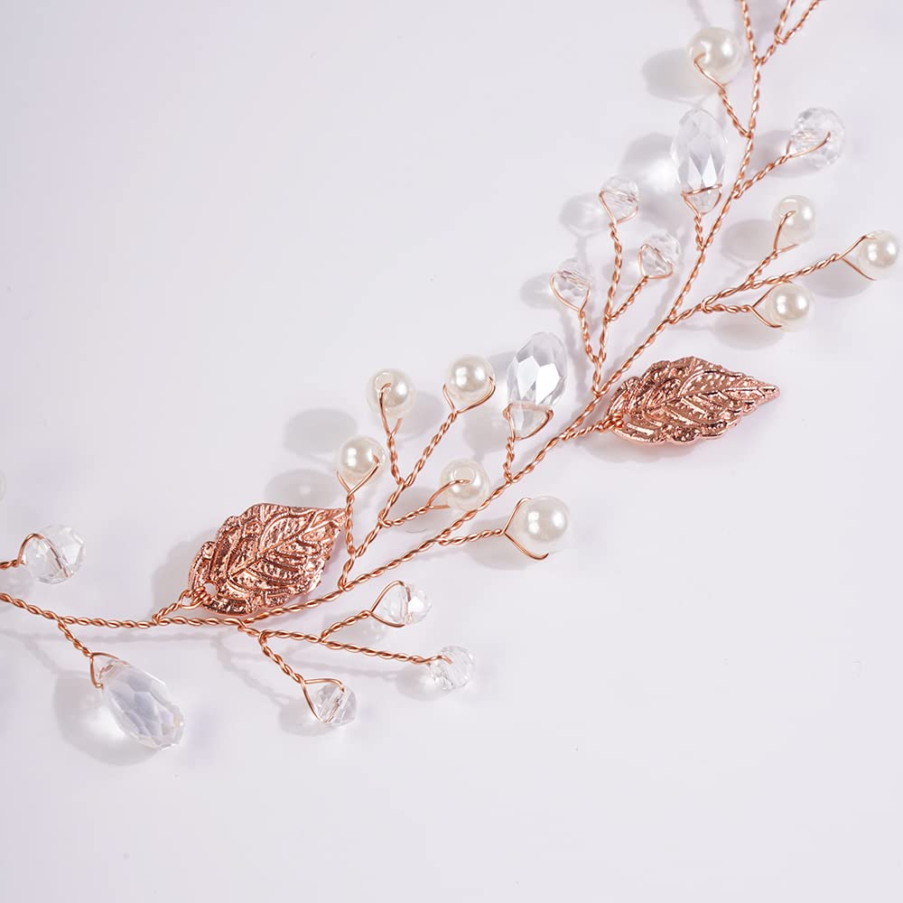 JWICOS Rose Gold Crystal Beaded Wedding Headband - Elegant Princess Hair Vine with Pearls for Brides, Bridesmaids, Women & Girls | Perfect for Weddings, Proms, Parties & Special Occasions