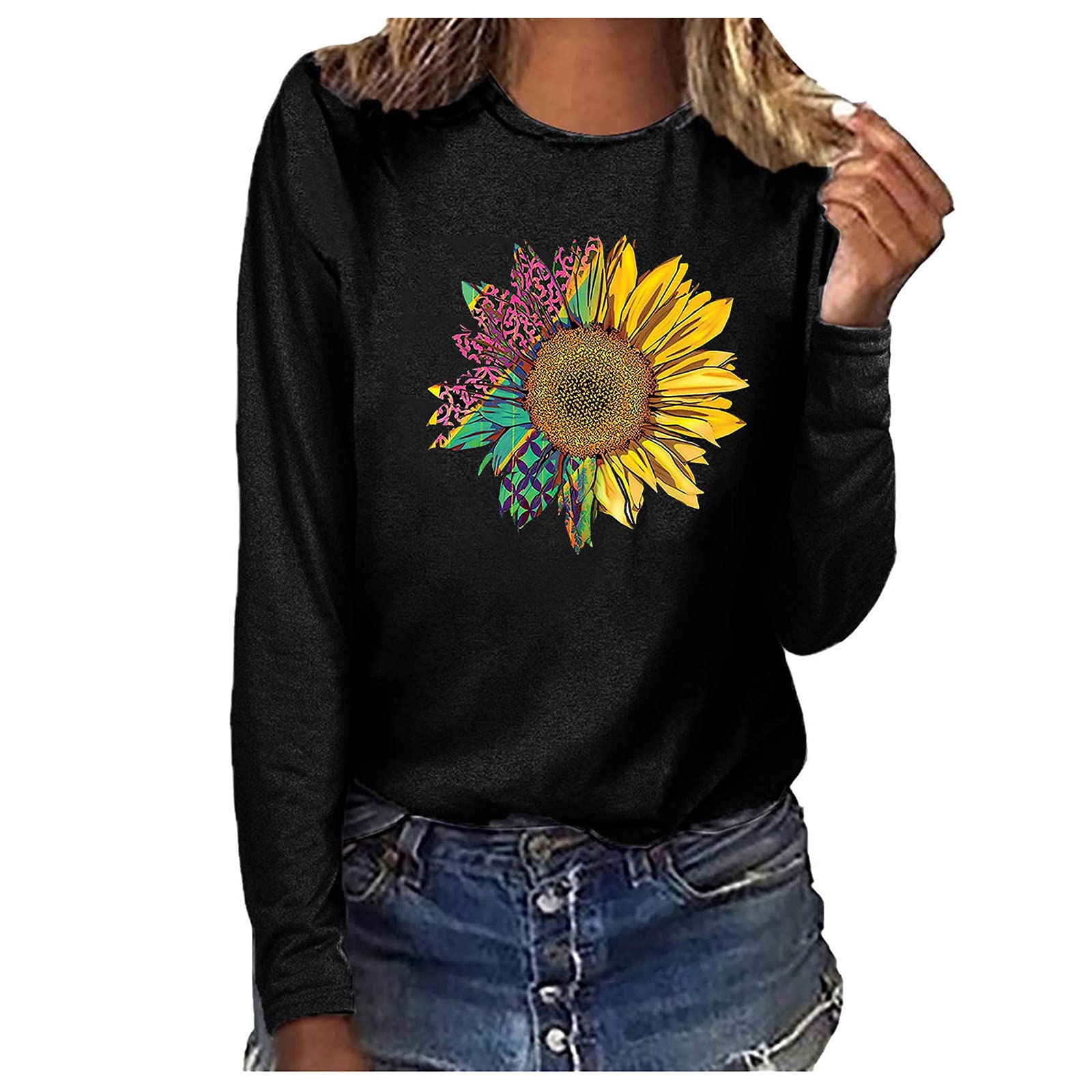 Women's Casual Long Sleeve Sunflower Print T-Shirt - Athletic Workout Top for Fall - Gym, Yoga, Running & Everyday Wear