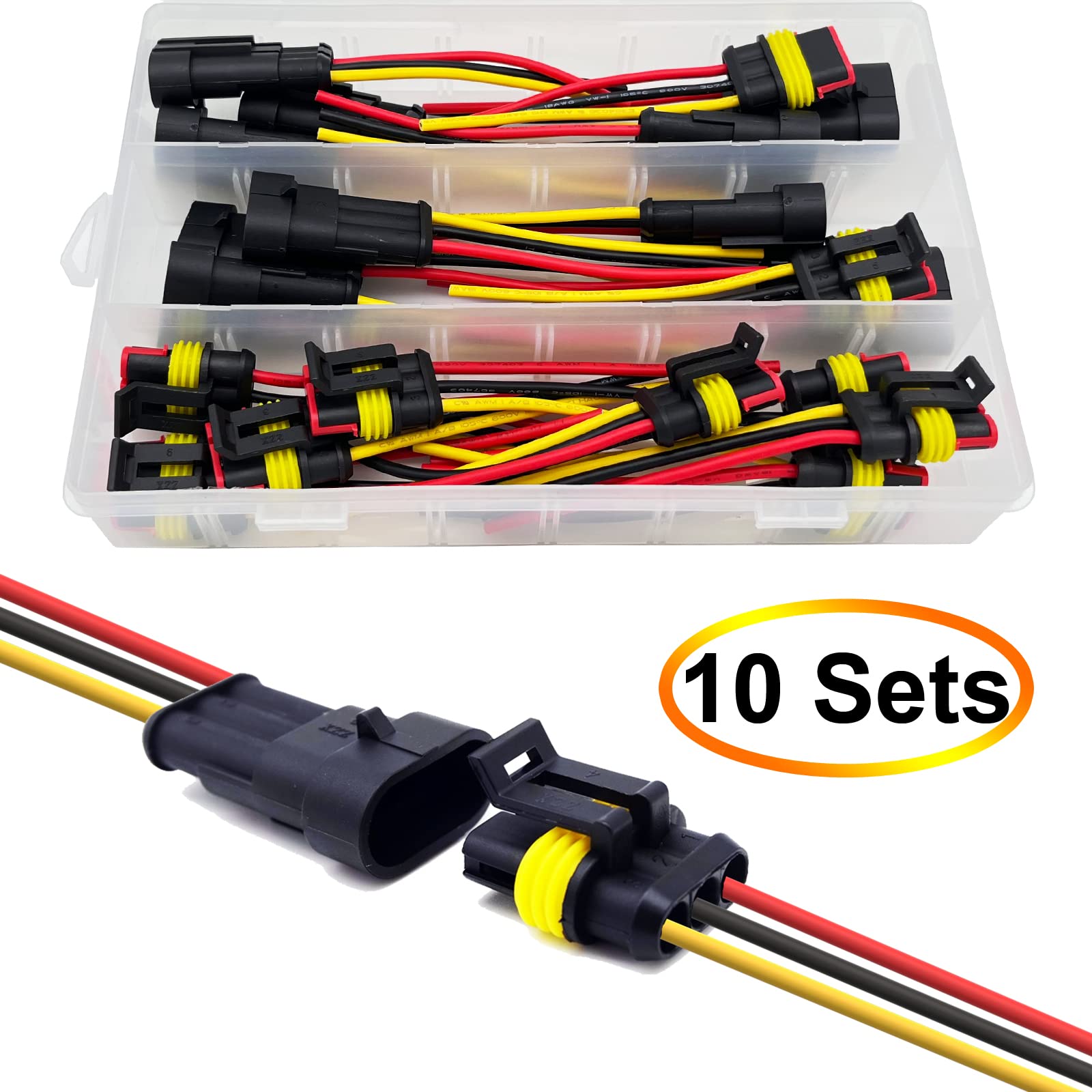 18 AWG 3 Pin Waterproof Wire Connectors - Automotive Electrical Quick Disconnect with 18 Gauge Wire (10 Kits) - Ideal for Car Audio, Marine, and Outdoor Lighting Installations