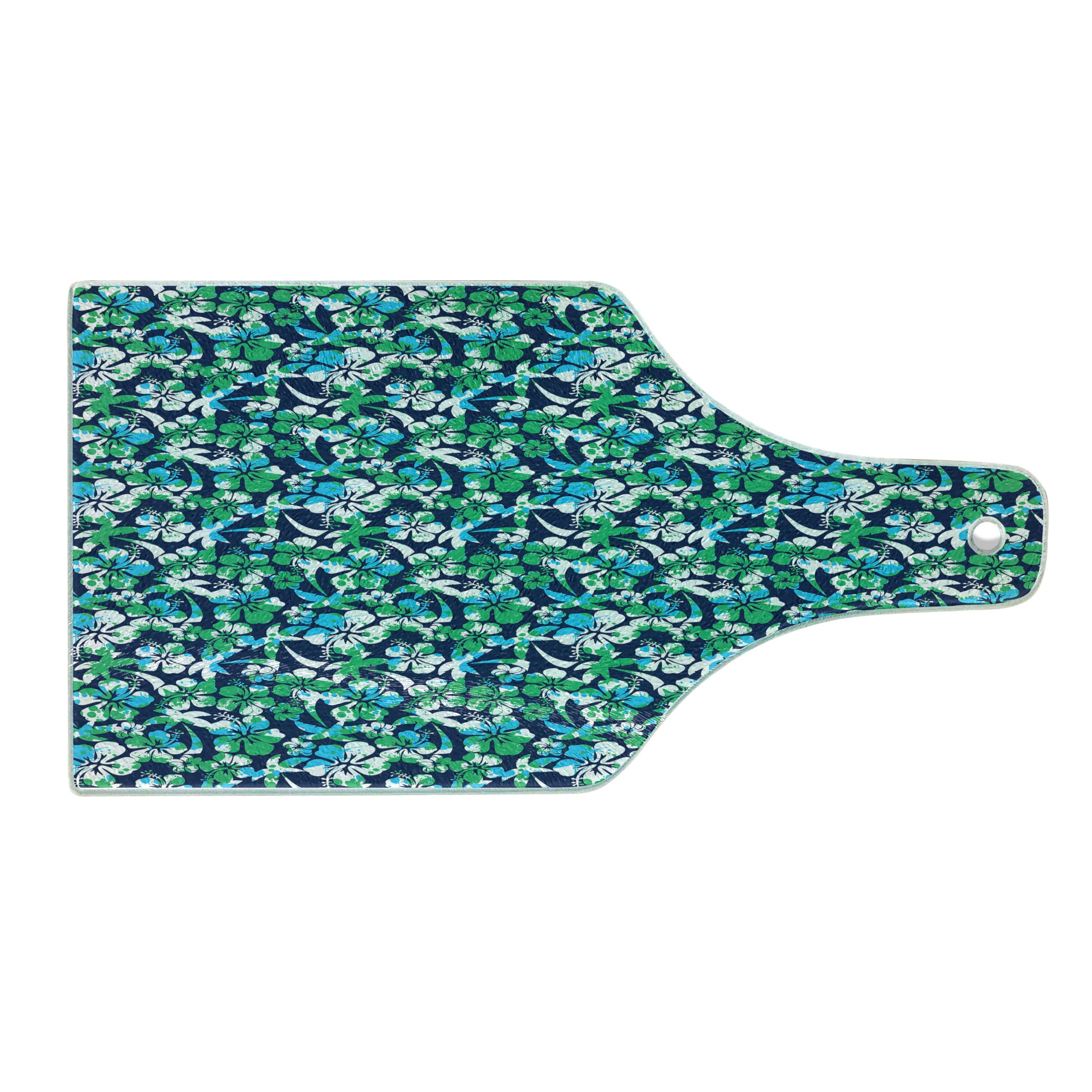 Ambesonne Navy Blue Tempered Glass Cutting Board - Hibiscus Flower & Palm Tree Summer Vacation Design - Decorative Serving Board for Kitchen, Cheese, Charcuterie - Wine Bottle Shape in Navy Blue, Green & White - Perfect for Beach House, Tropical Party & Gift Giving