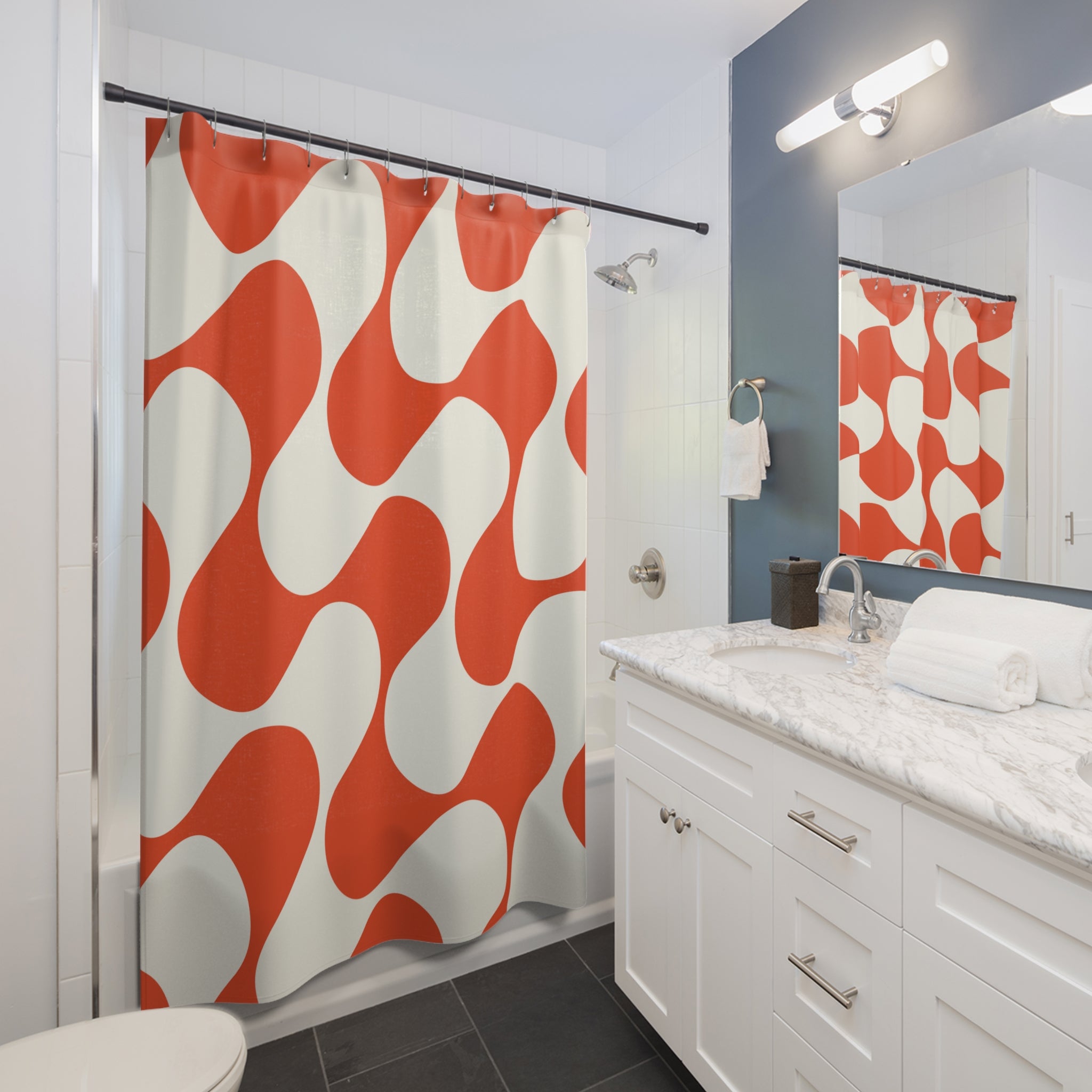 Retro Mod Wave Shower Curtain - Waterproof Bathroom Decor with Hooks - Perfect for Vintage Style Bathrooms & Coastal Themed Homes