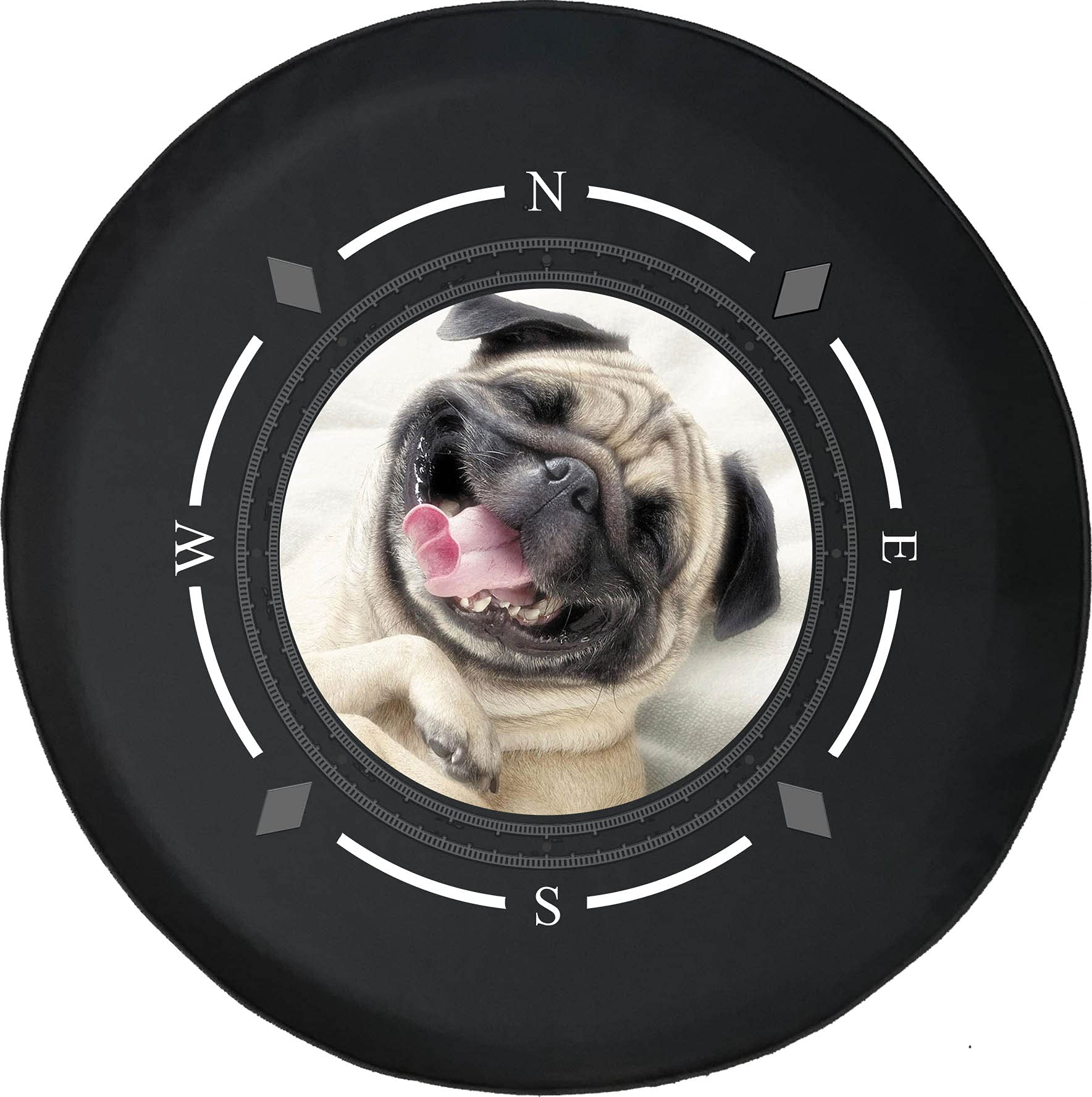 American Unlimited Spare Tire Cover with Compass & Smiling Pug Dog Design - Cute Pet Wheel Cover for SUV, Trailer, RV Accessories - Fits Most Vehicles - Perfect for Road Trips & Outdoor Adventures