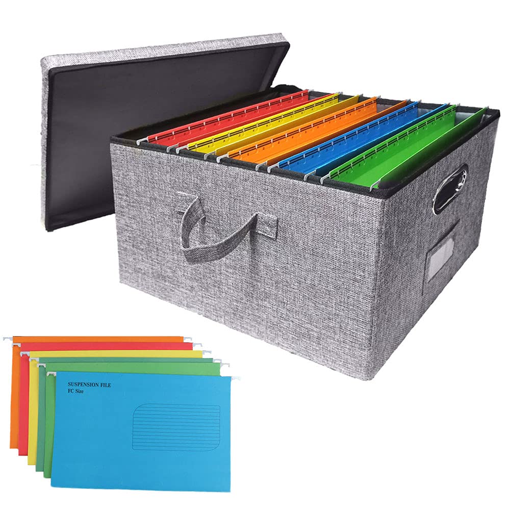 NotyBeybie File Organizer Box with Lid - Collapsible Document Storage Box with Handle & 5 Hanging Folders for Office, Home, School - Perfect for Organizing Papers, Bills, Receipts & Important Documents