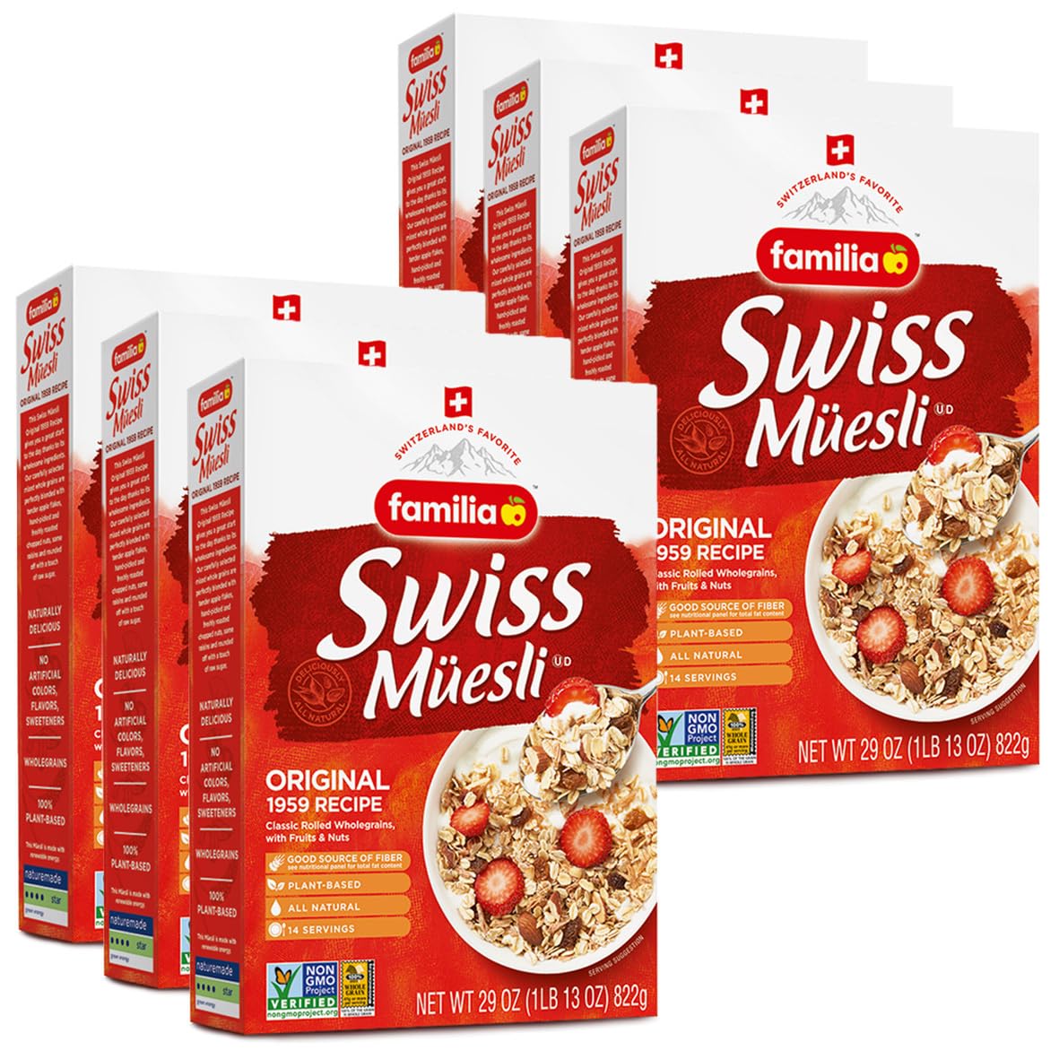 Familia Swiss Muesli Cereal - Original Recipe with Dried Fruits & Nuts | 29oz Bulk Pack of 6 | Healthy Breakfast for Hot/Cold Cereal, Yogurt Topping & Overnight Oats | High Fiber Whole Grain Snack for Office, Travel & Camping
