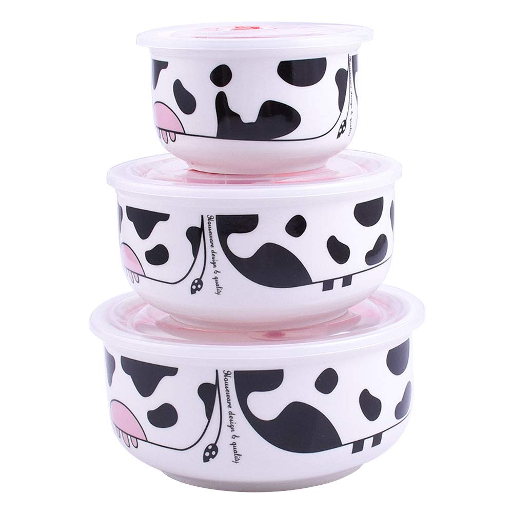 Cow Pattern Ceramic Bowls with Lid - Set of 3 Bento Boxes for Lunch, Food Storage & Organization | Microwave Safe Mixing Bowls for Home, Office & Picnic Use