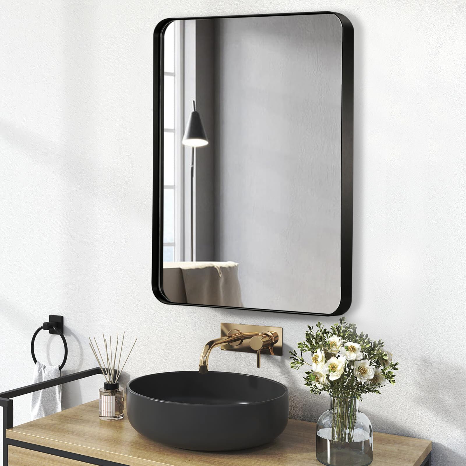 JENBELY 22x30 Inch Black Framed Bathroom Mirror - Brushed Metal Rectangle Wall Mirror with Rounded Corners - Elegant Vanity Mirror for Bedroom, Living Room, Bathroom (Horizontal/Vertical Mounting) - Perfect for Makeup, Grooming & Home Decor