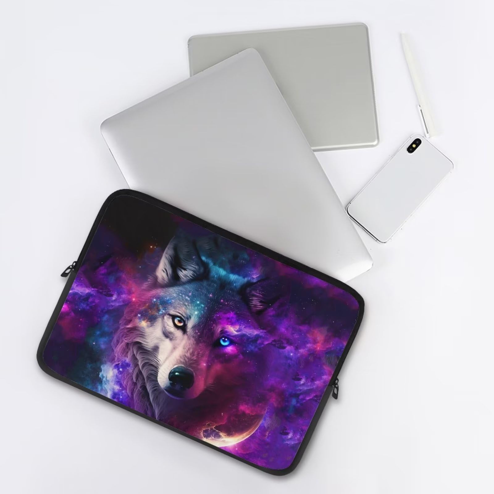 Galaxy Wolf Laptop Sleeve Bag for 17 Inch Laptops - Durable Double Zipper Computer Carrying Case for Men - Perfect for Work, Travel & School Accessories