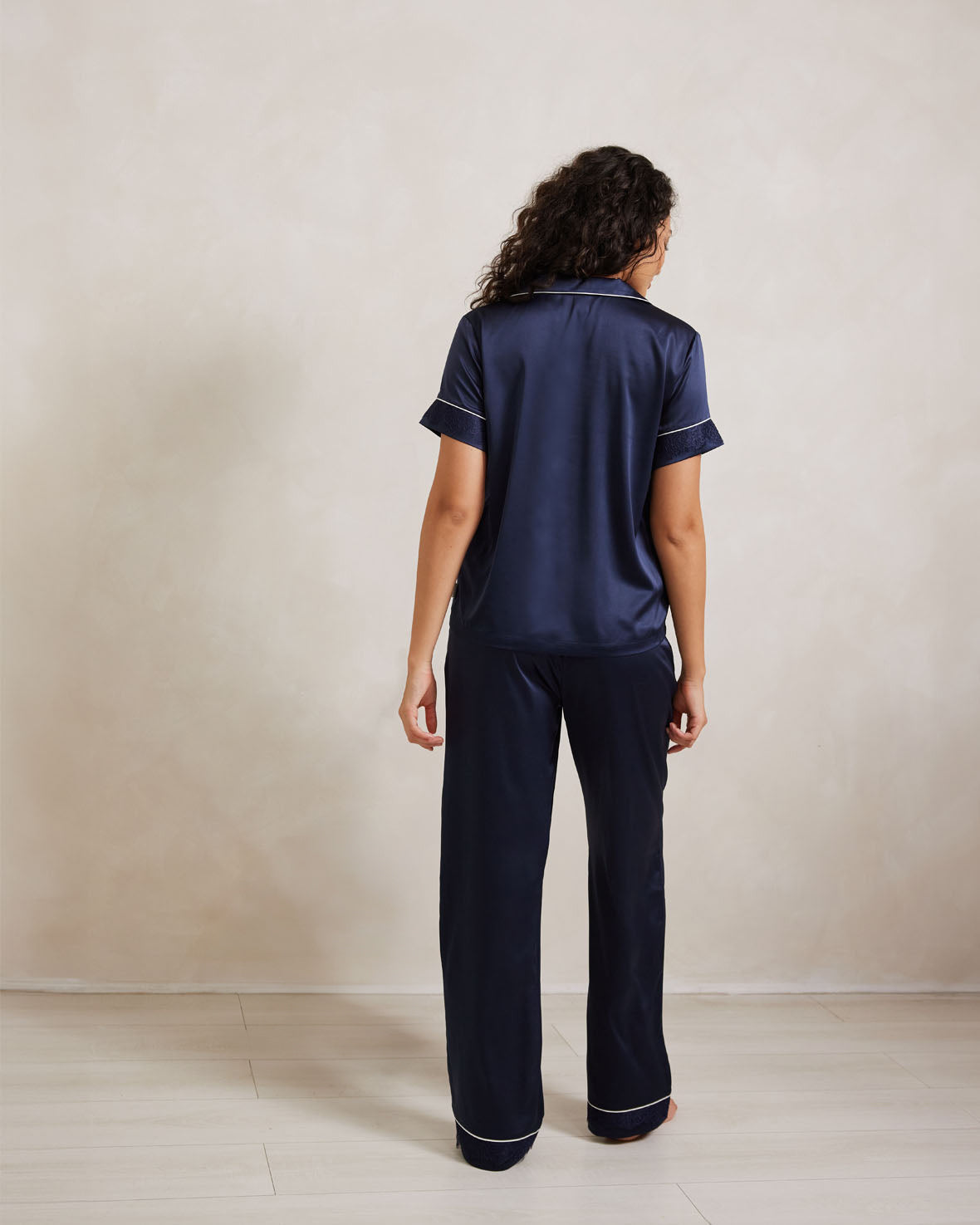 Satin Lace Trim Short Sleeve Long Pajama Set for Women - Soft & Comfortable Sleepwear - Navy Blue - Perfect for Nightwear, Lounging & Relaxation at Home